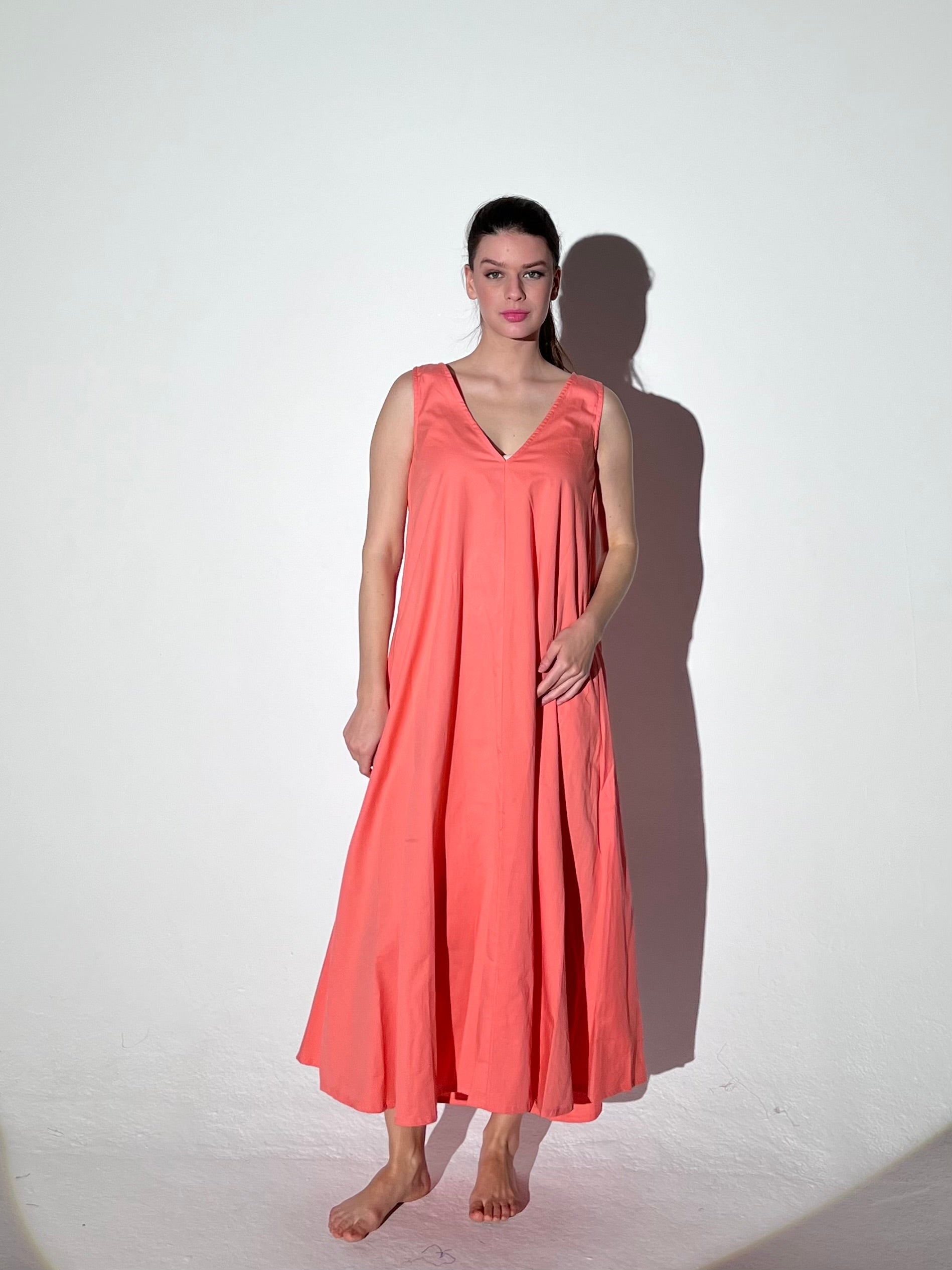 Deep v neck sleeveless dress coral orange