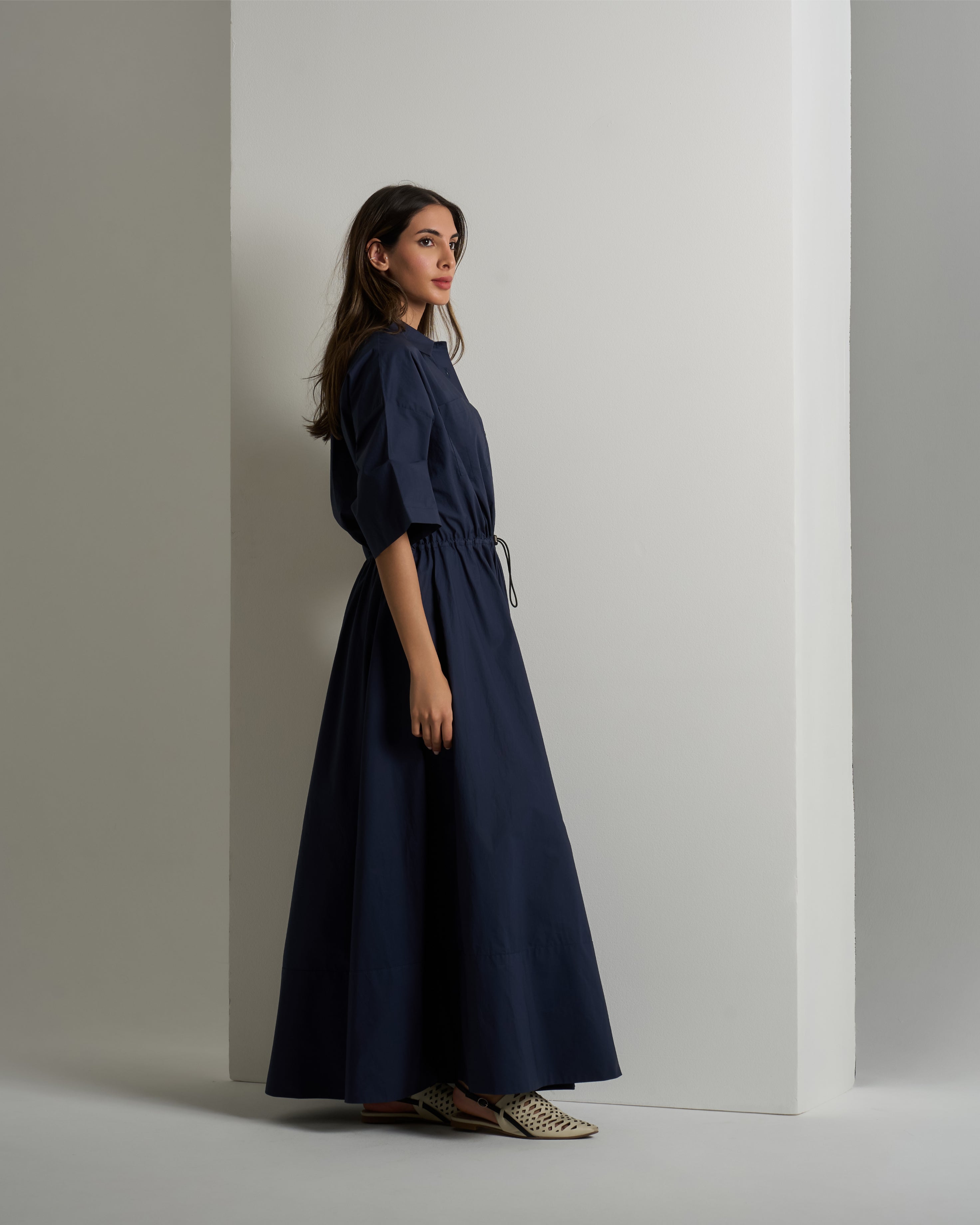 GATHERED COTTON MIDI DRESS