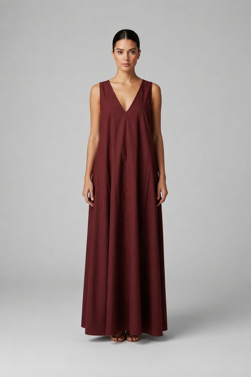 Deep Vneck Sleeveless Dress Plain Maroon