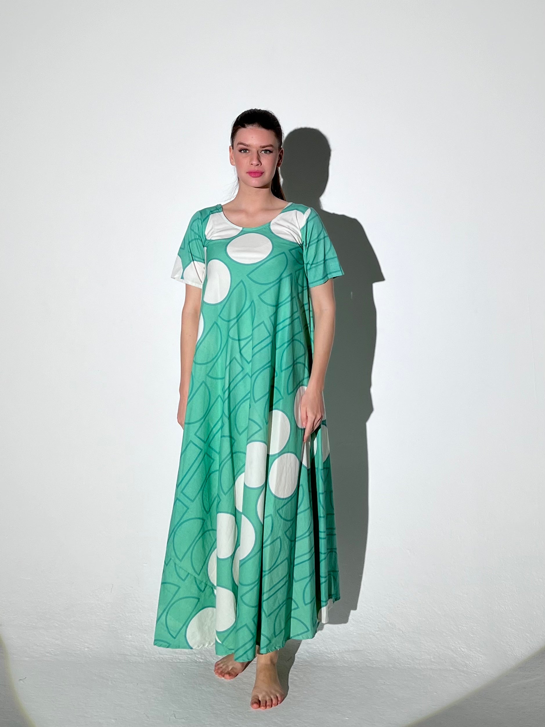 Tent Dress Short Sleeves Green Geo