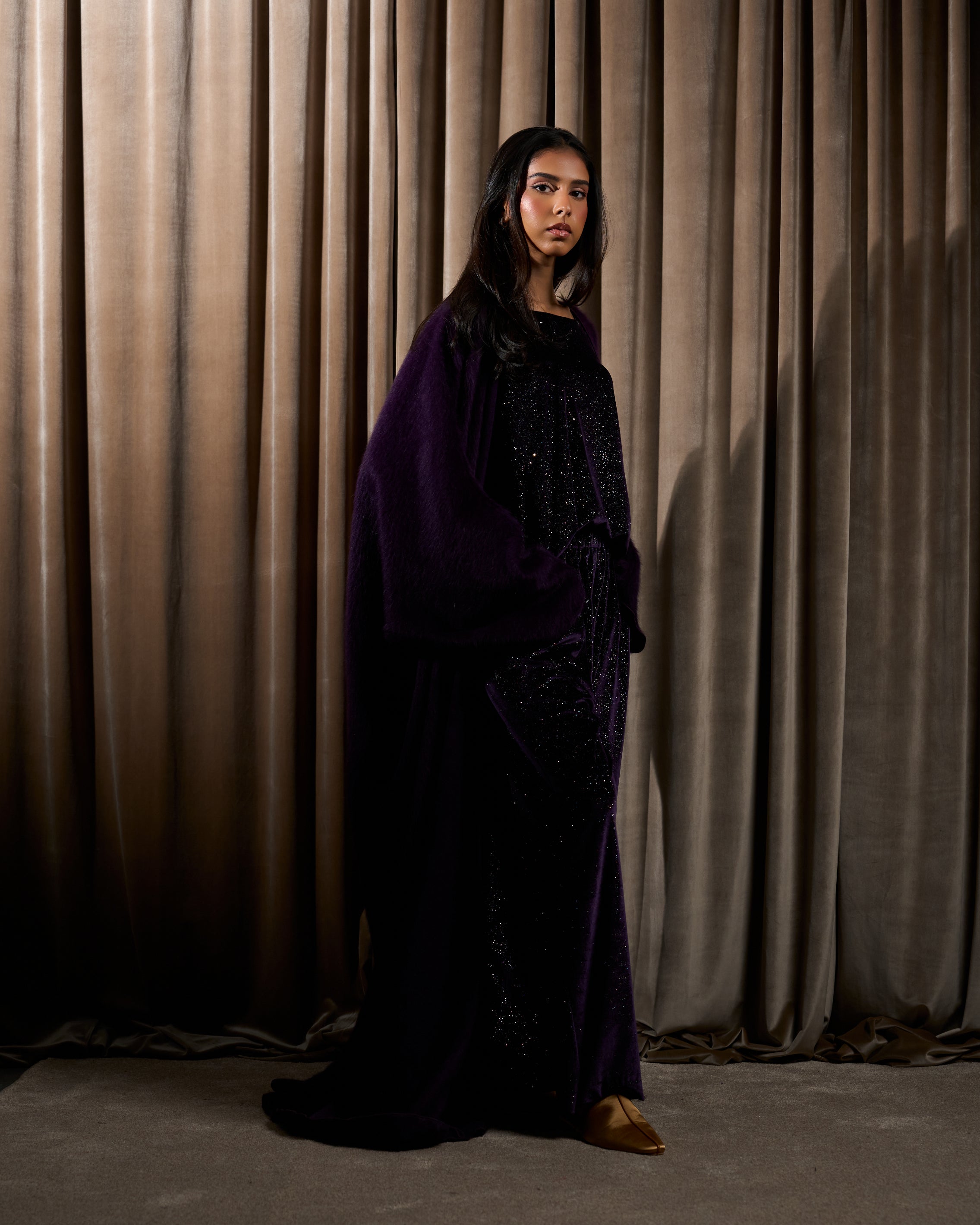 FUR BISHT WITH GLITTER TOPS AND PANTS