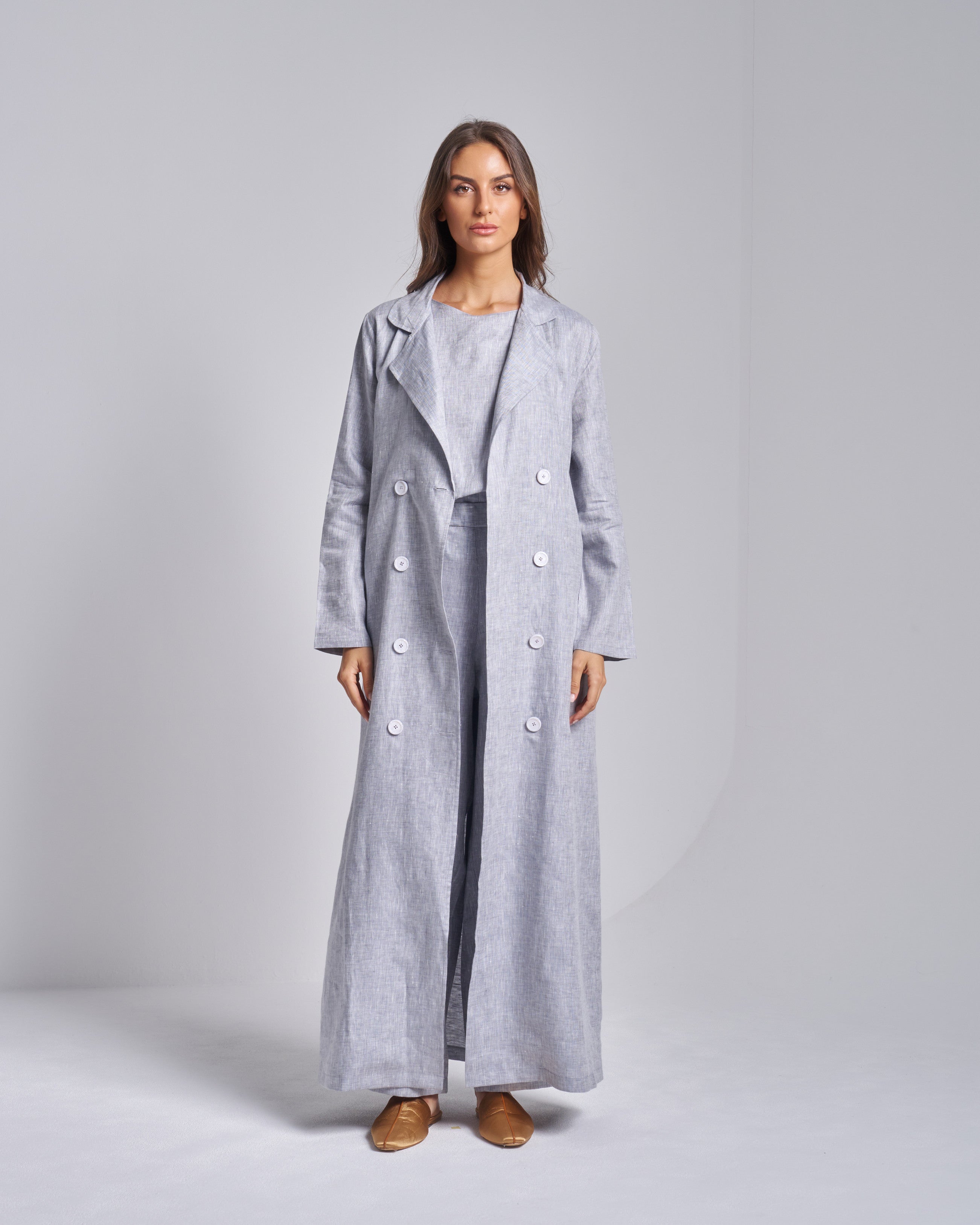 Linen Trench Coat Set with Sleeveless Top and Pants