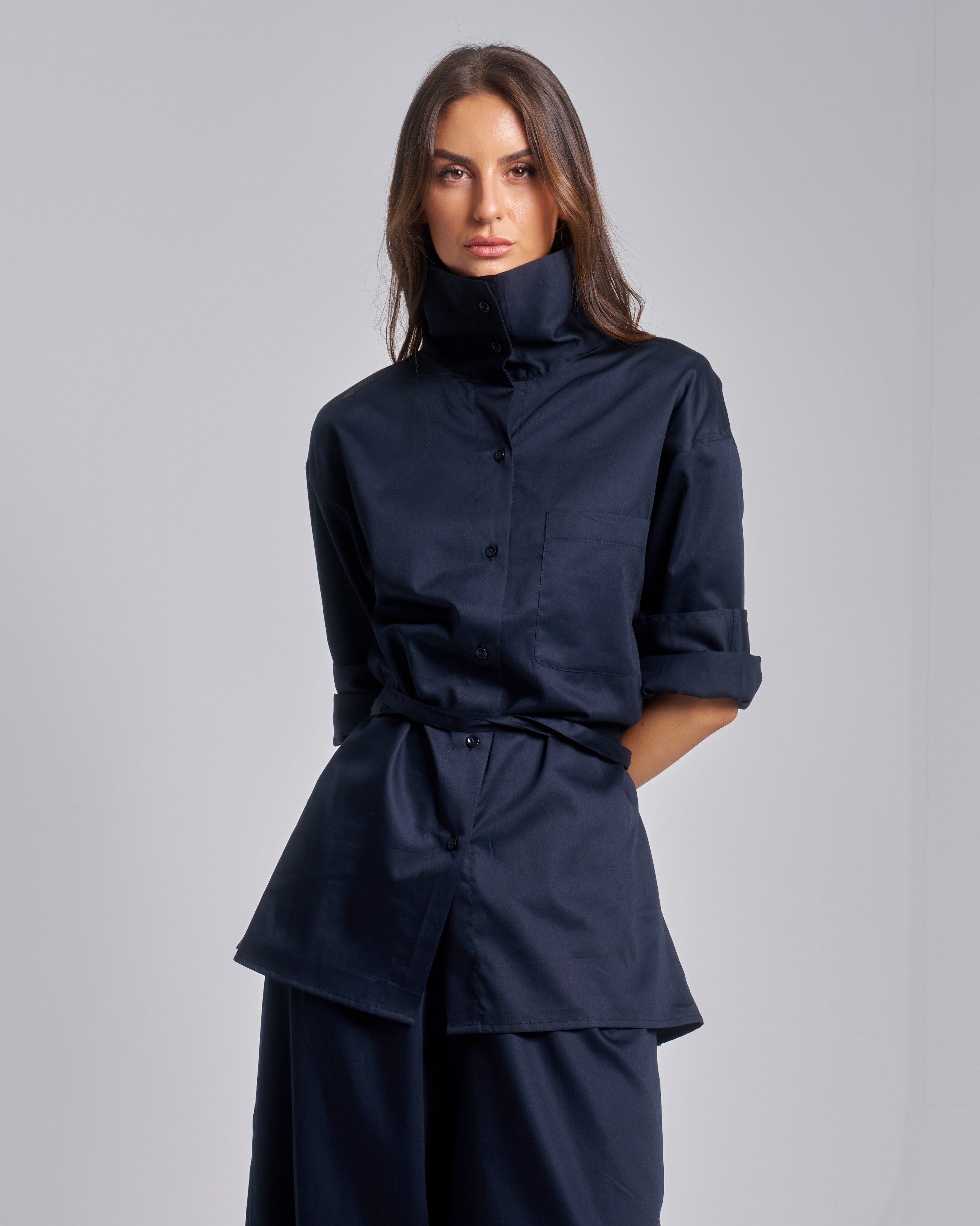 Funnel Neck Shirt with Buckle String Pants Set