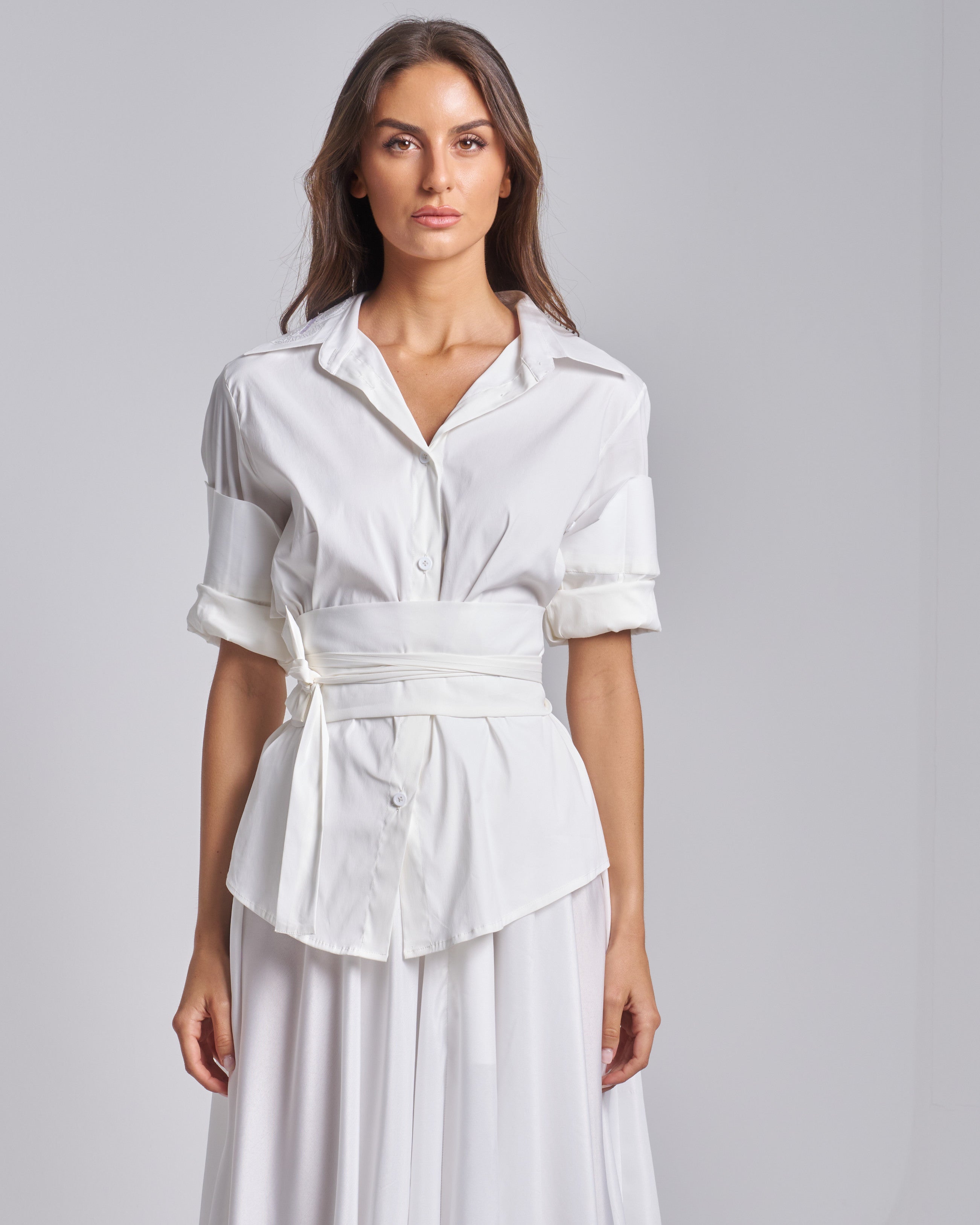 Cotton Set Appliqué Collar Shirt Kimono Belt Skirt Set