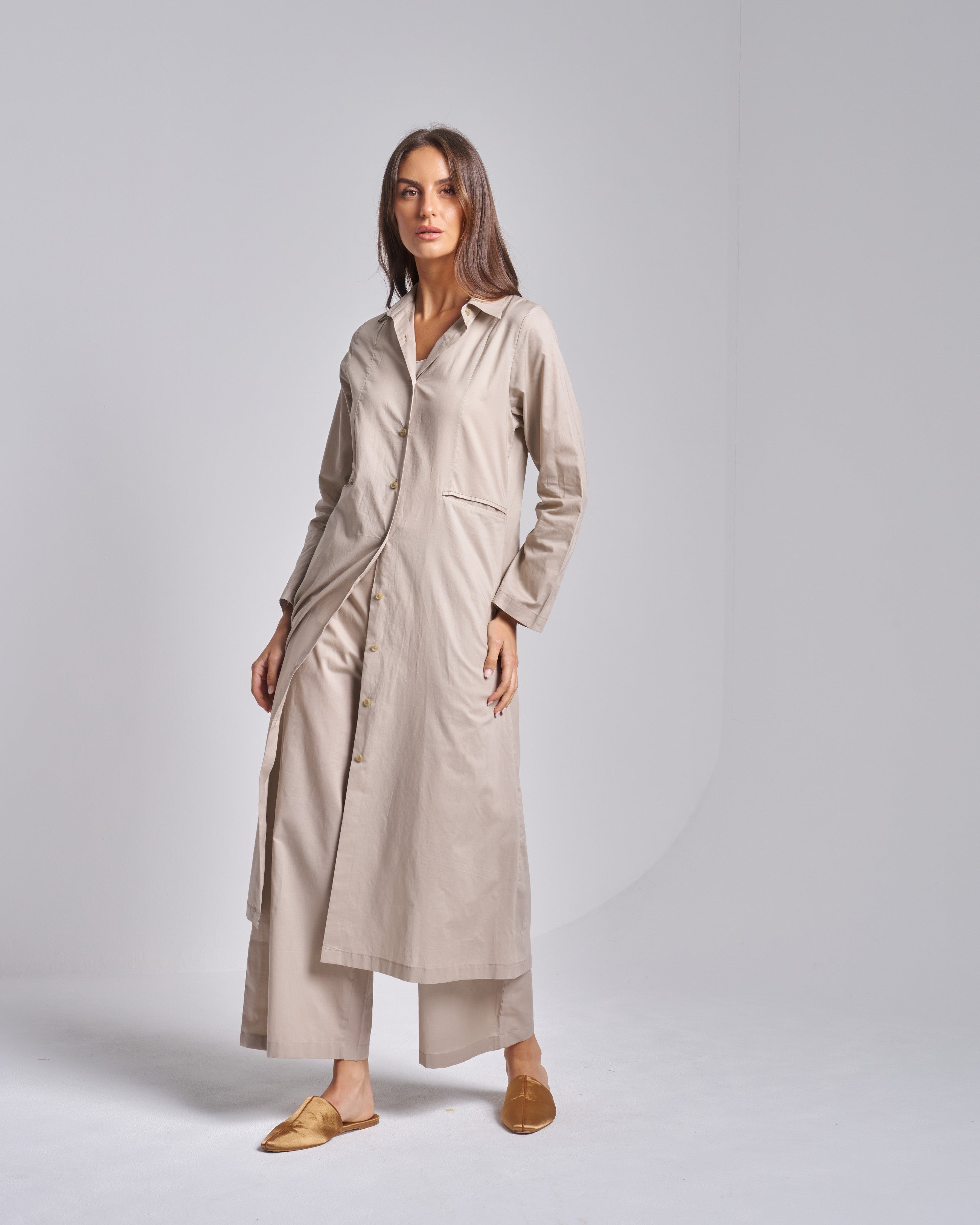 Cotton Silk Set with Long Shirt and Pants