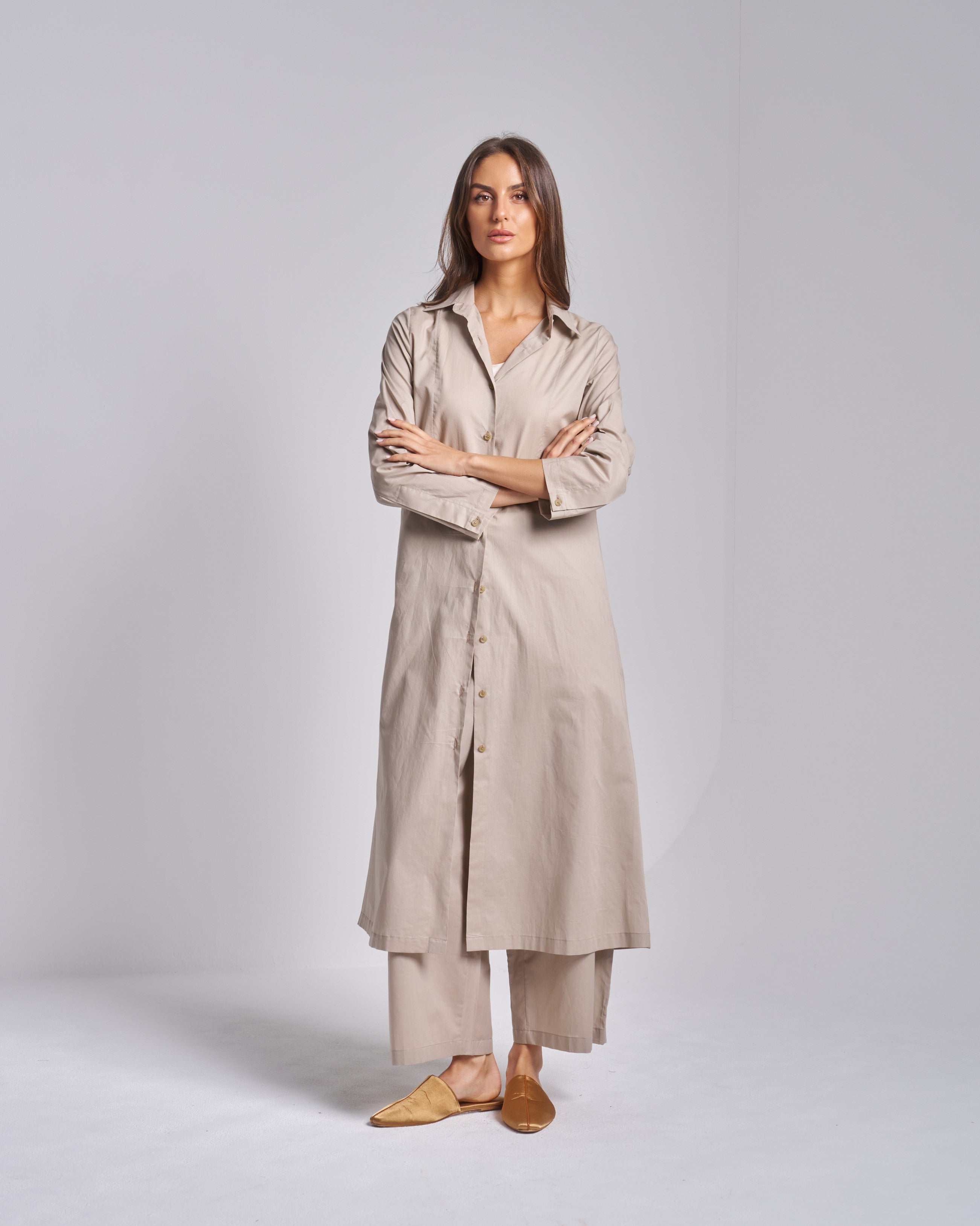 Cotton Silk Set with Long Shirt and Pants