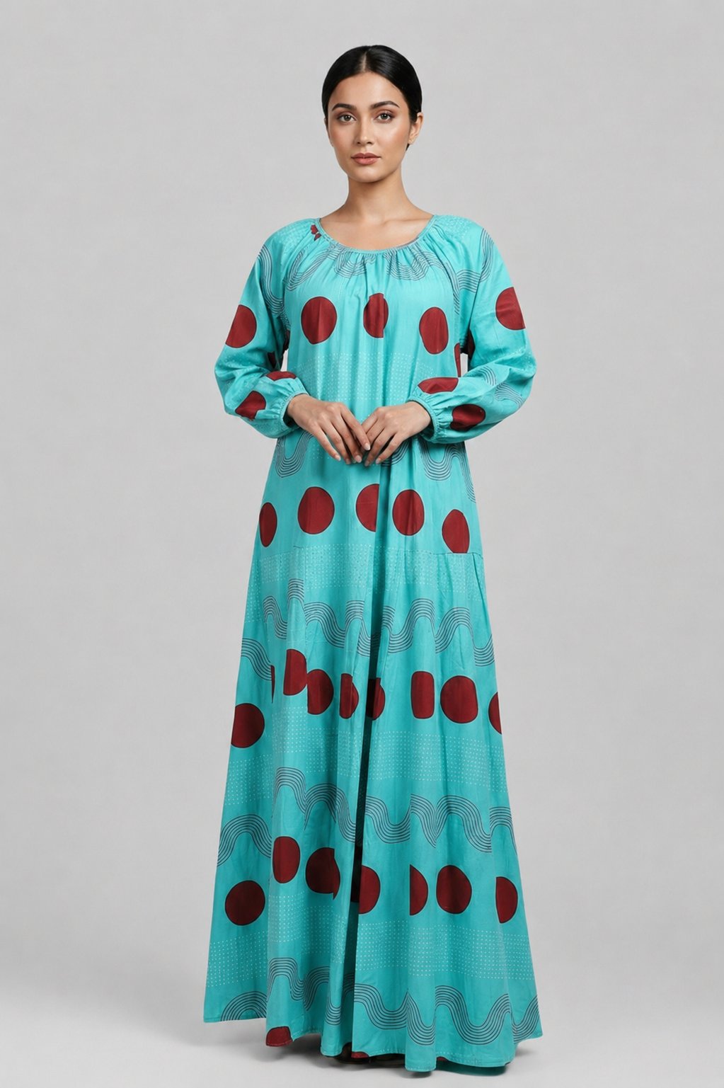 Simple Godet with Sleeves Green Dots & Waves