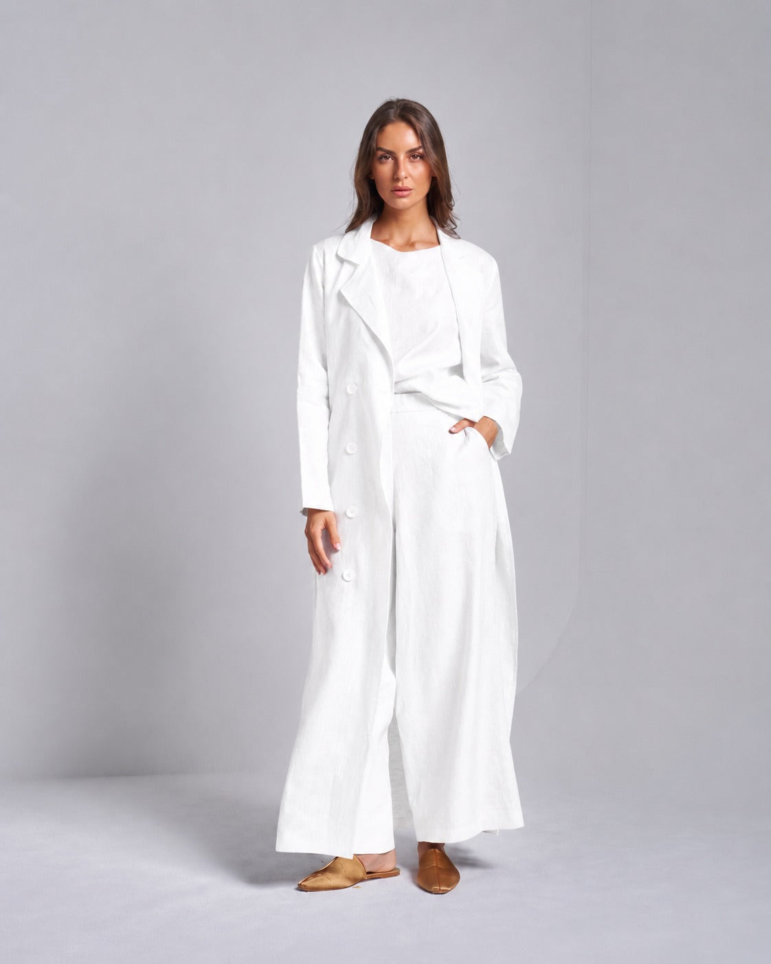 Linen Trench Coat Set with Sleeveless Top and Pants