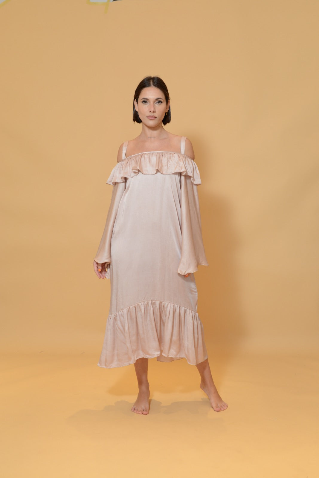 Silk Ruffled Sleeve Dress Plain Pink