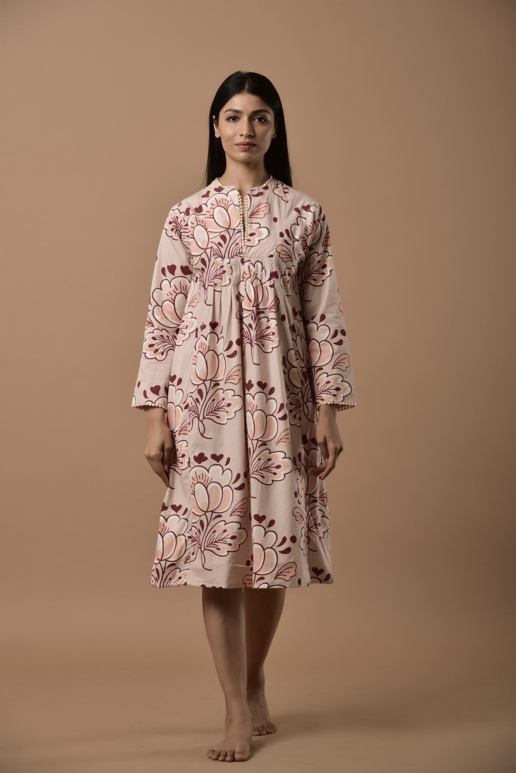 PLEATED WITH LACE DRESS PINK ROSE FLOWER