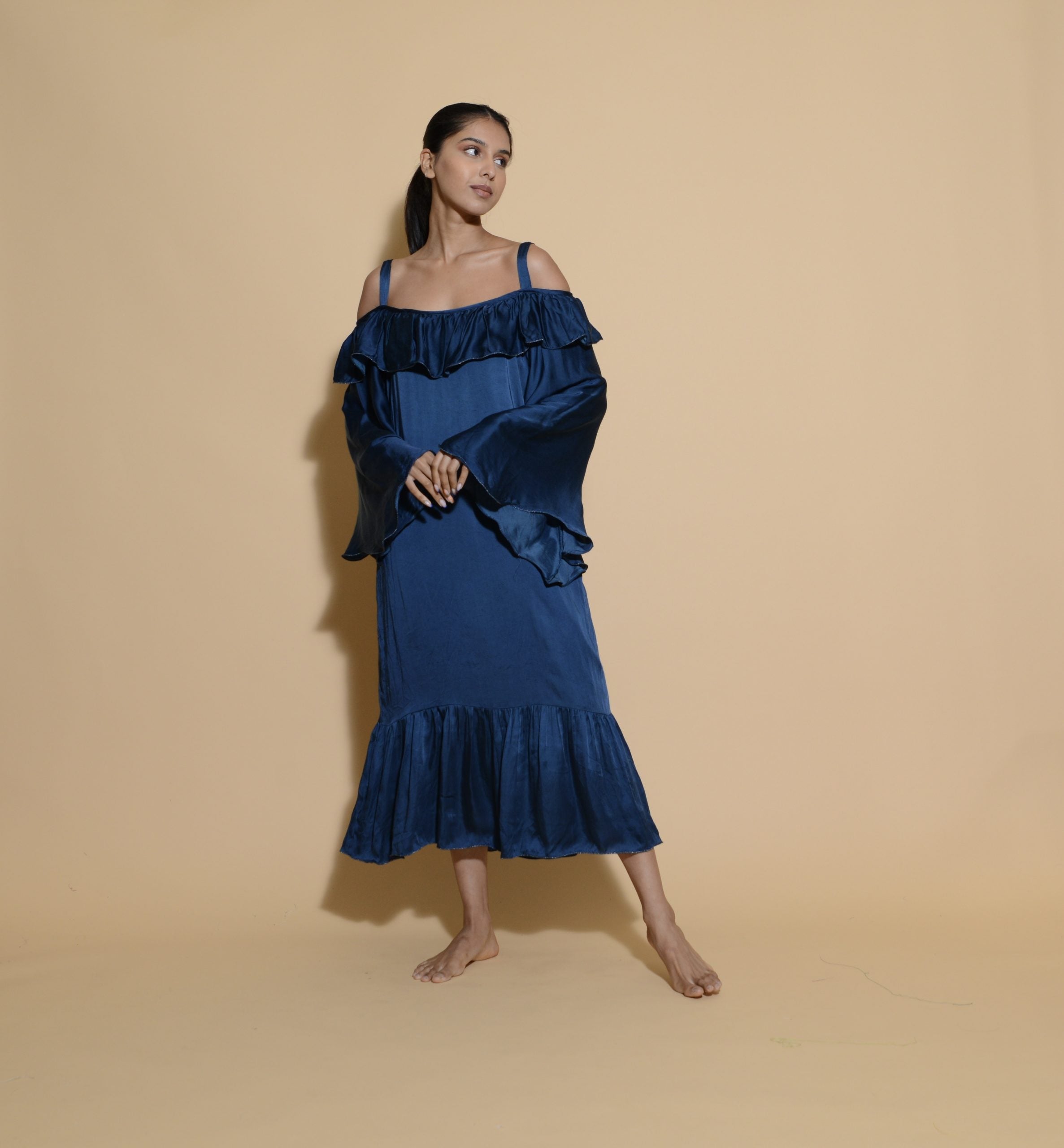 Silk Ruffled Sleeve Dress Plain Navy