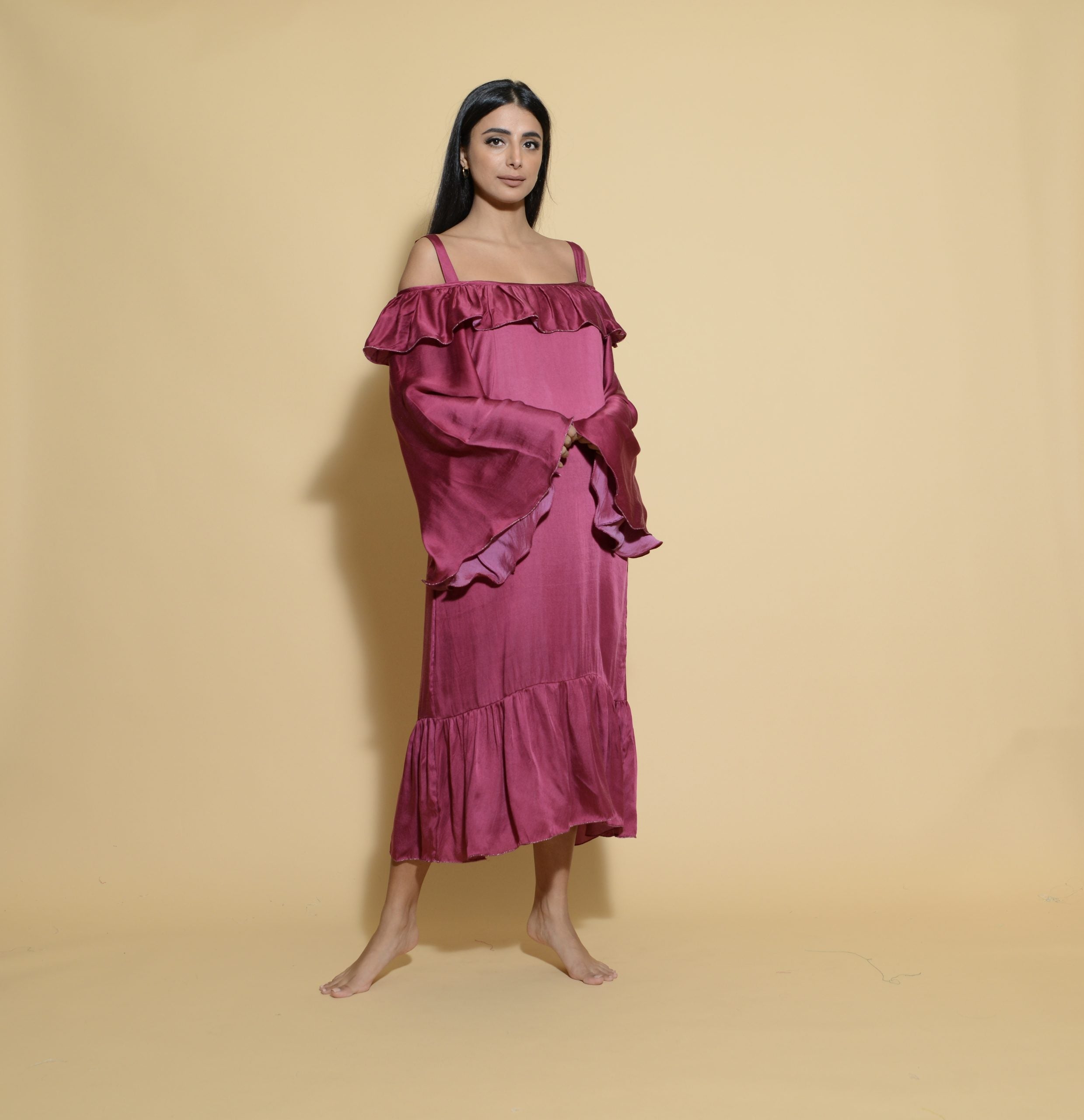 Silk Ruffled Sleeve Dress Plain Maroon