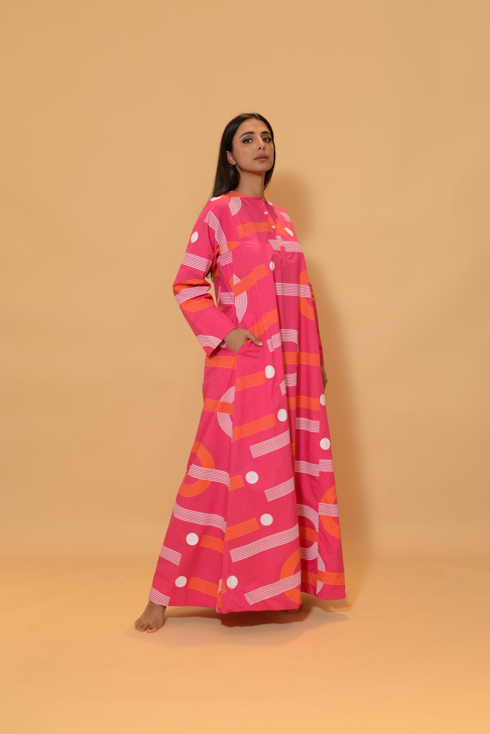 A Line Dress with Buttons Fuchsia U Shape