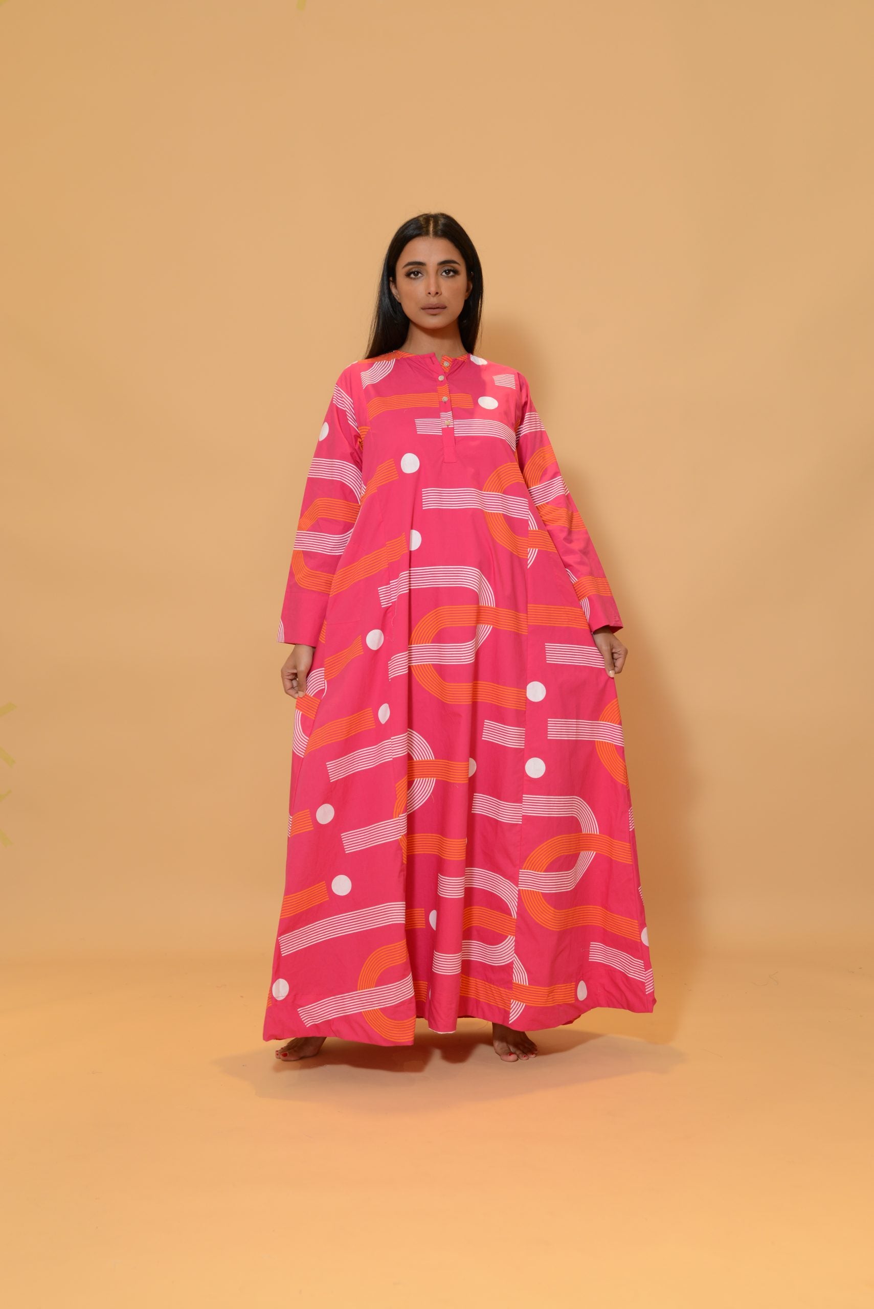 A Line Dress with Buttons Fuchsia U Shape