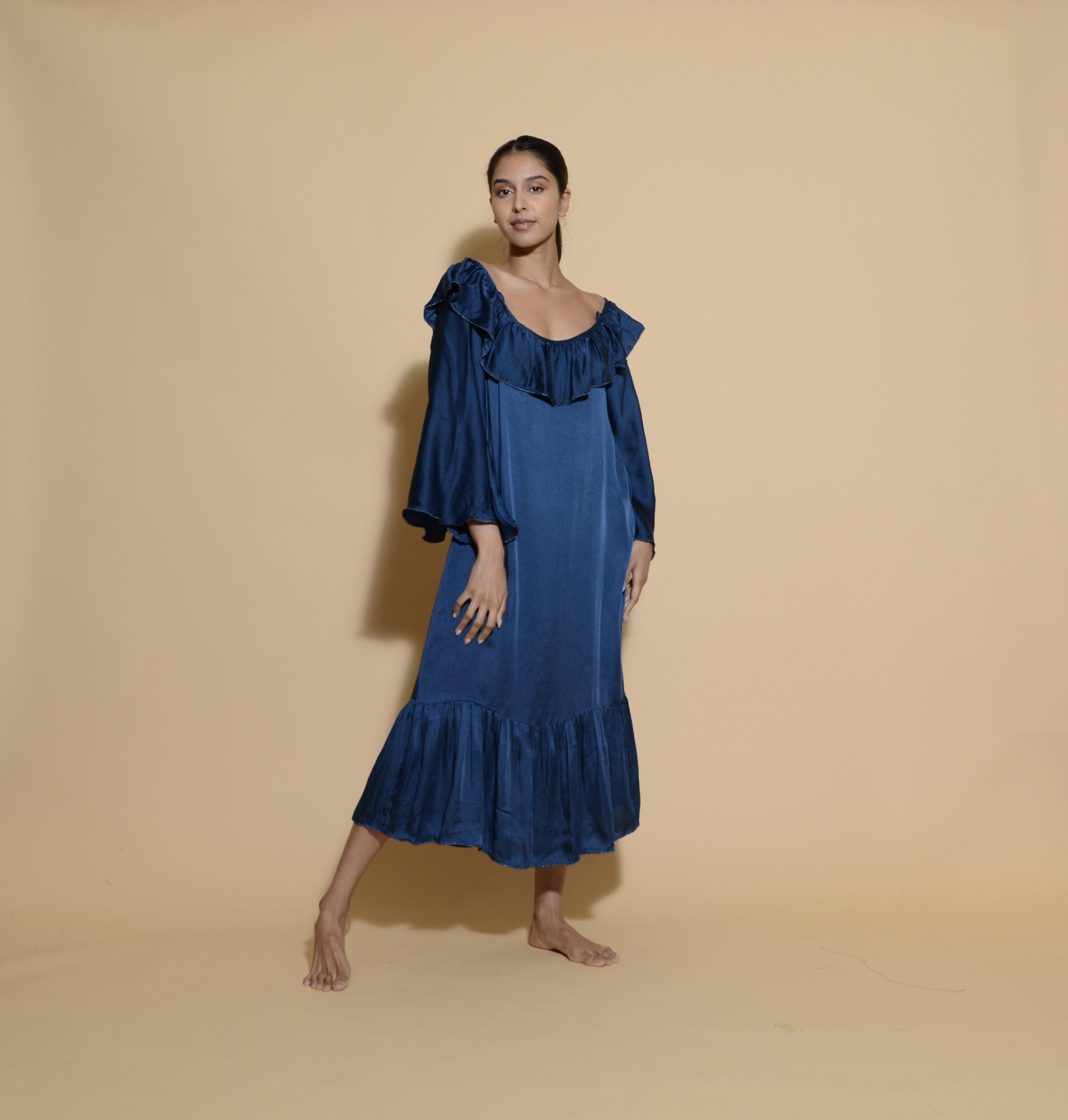 Silk Ruffled Sleeve Dress Plain Navy