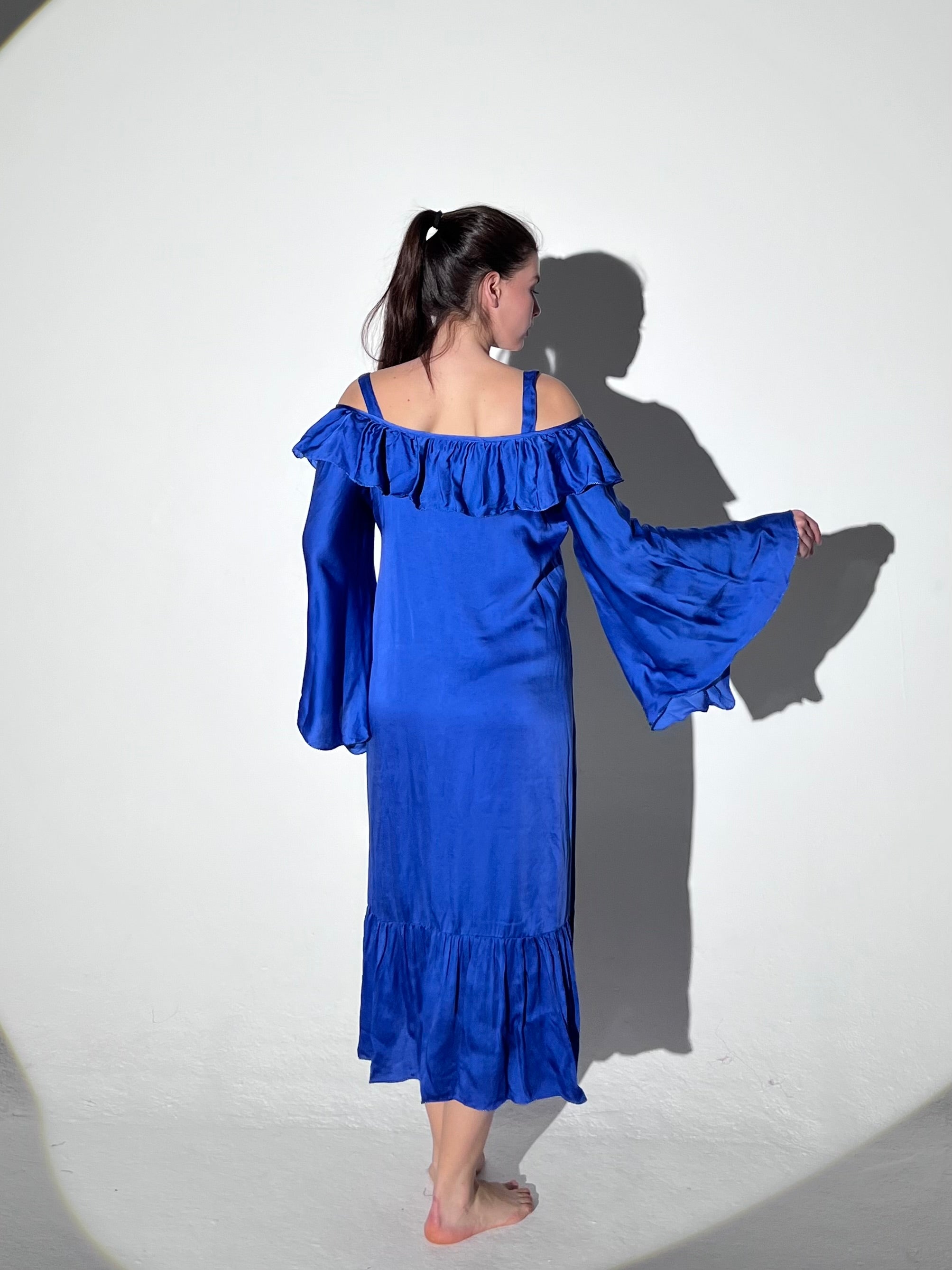 Silk Ruffled Sleeve Dress Plain Blue