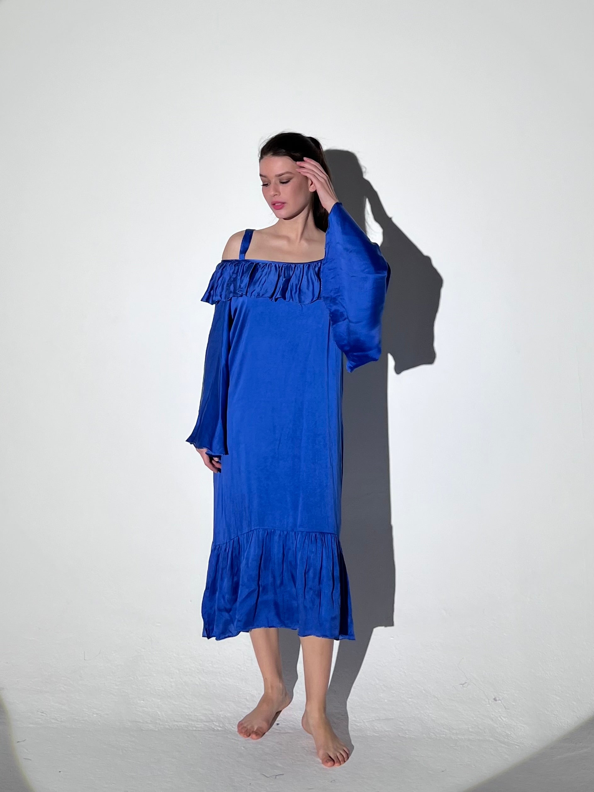 Silk Ruffled Sleeve Dress Plain Blue