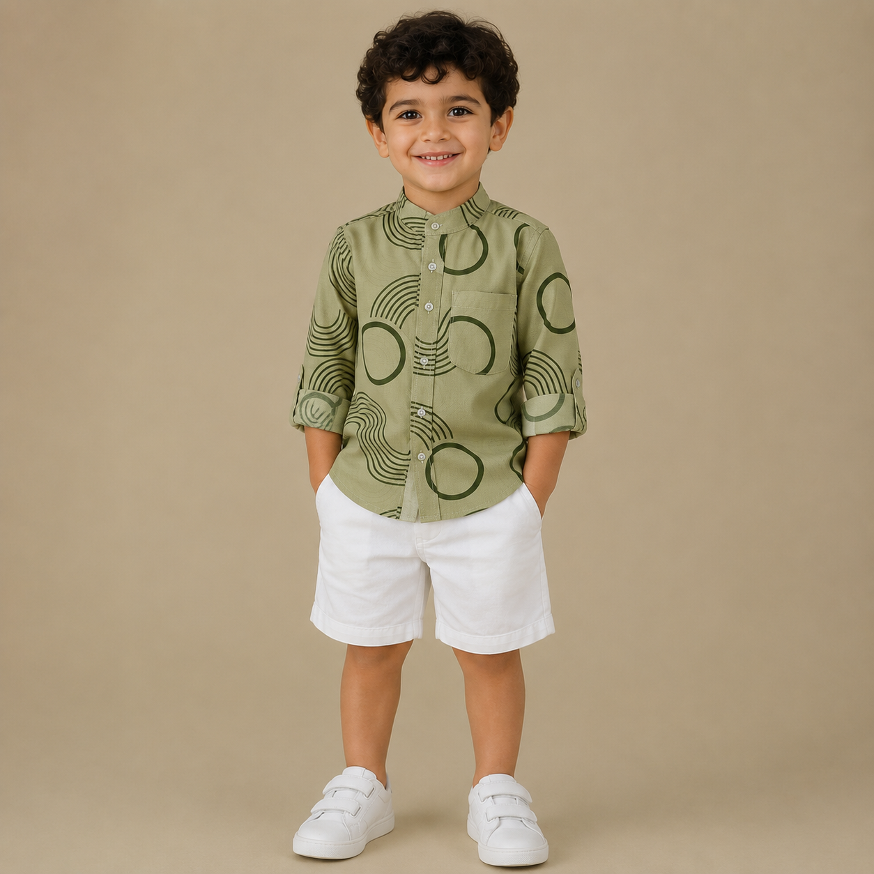 BOYS Short & Shirt Set Olive Waves