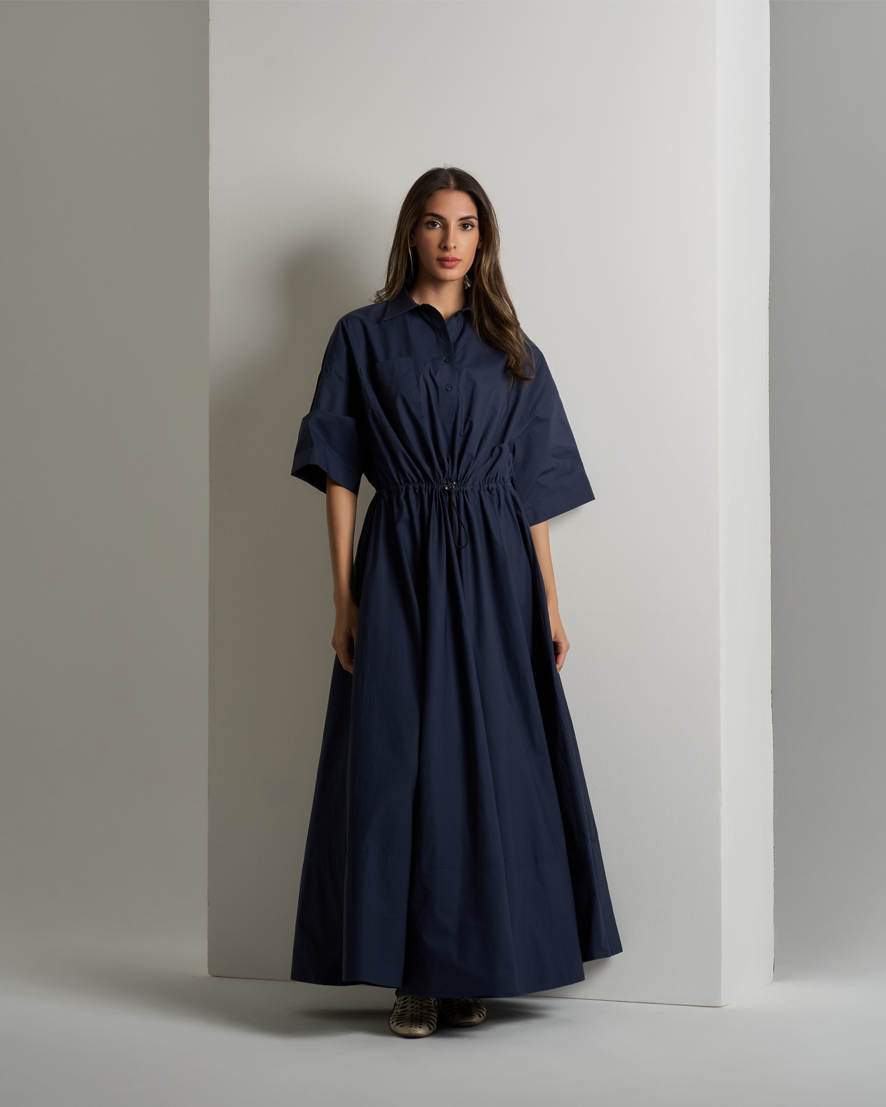 GATHERED COTTON MIDI DRESS