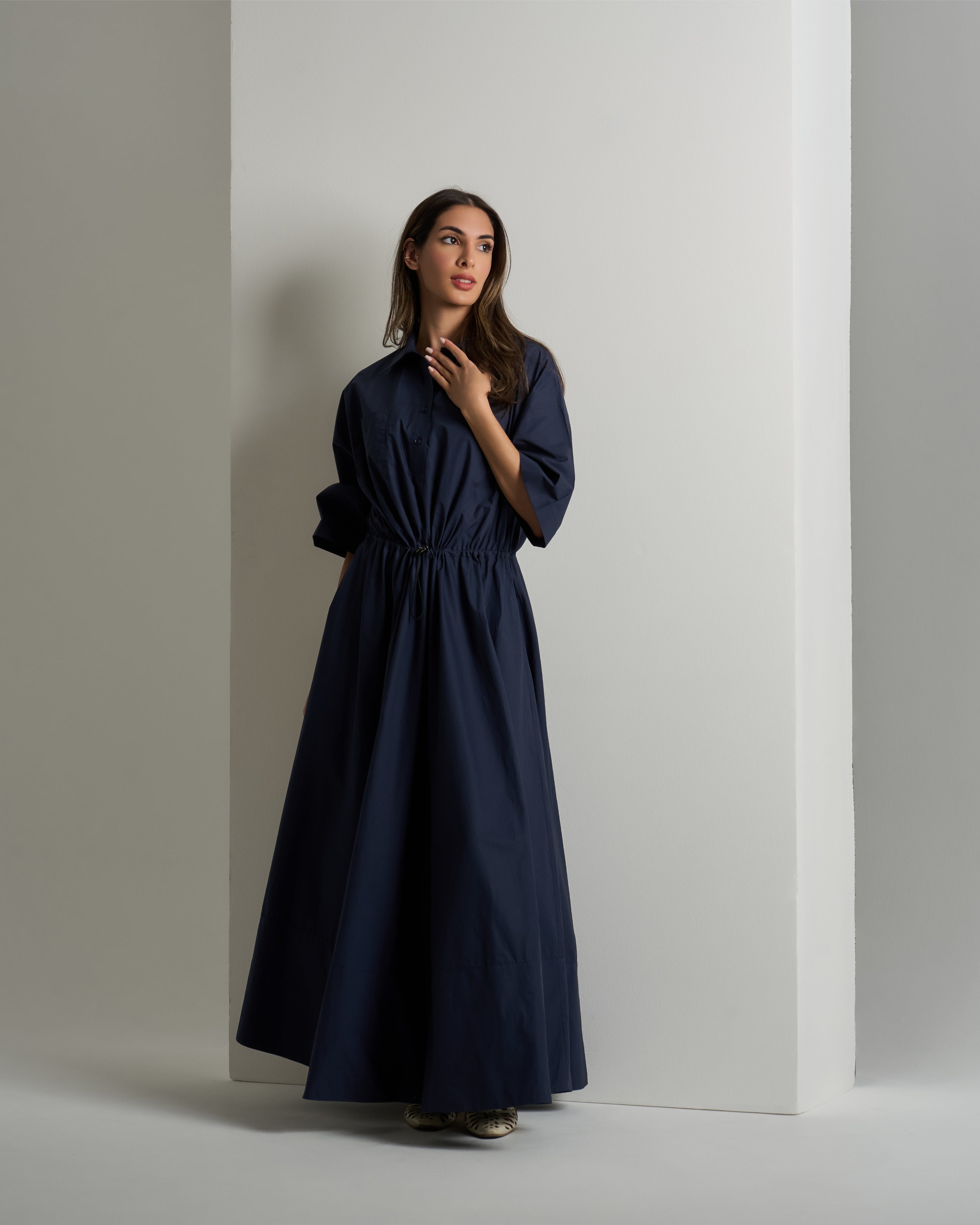 GATHERED COTTON MIDI DRESS