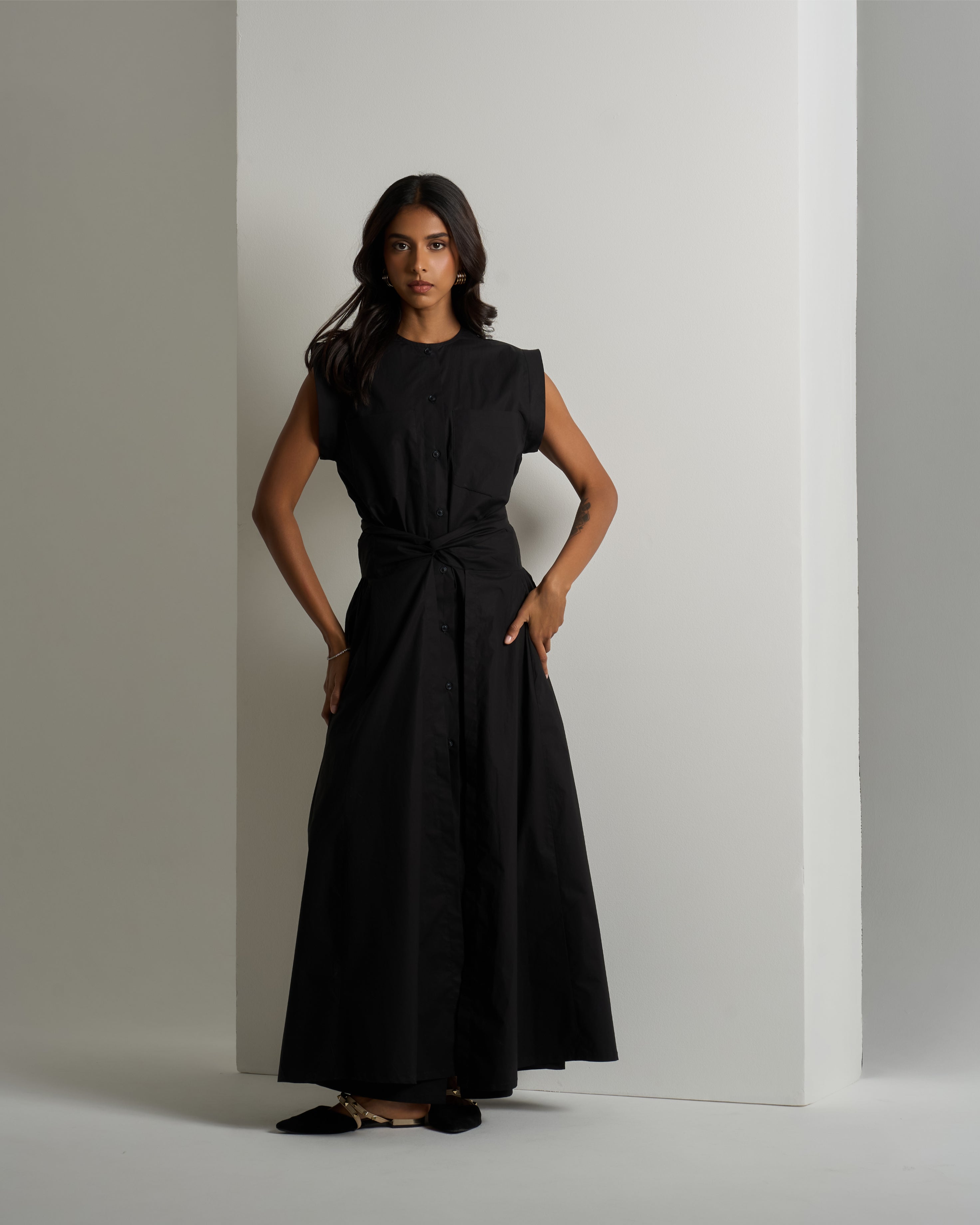 BELTED COTTON SLEEVELESS DRESS