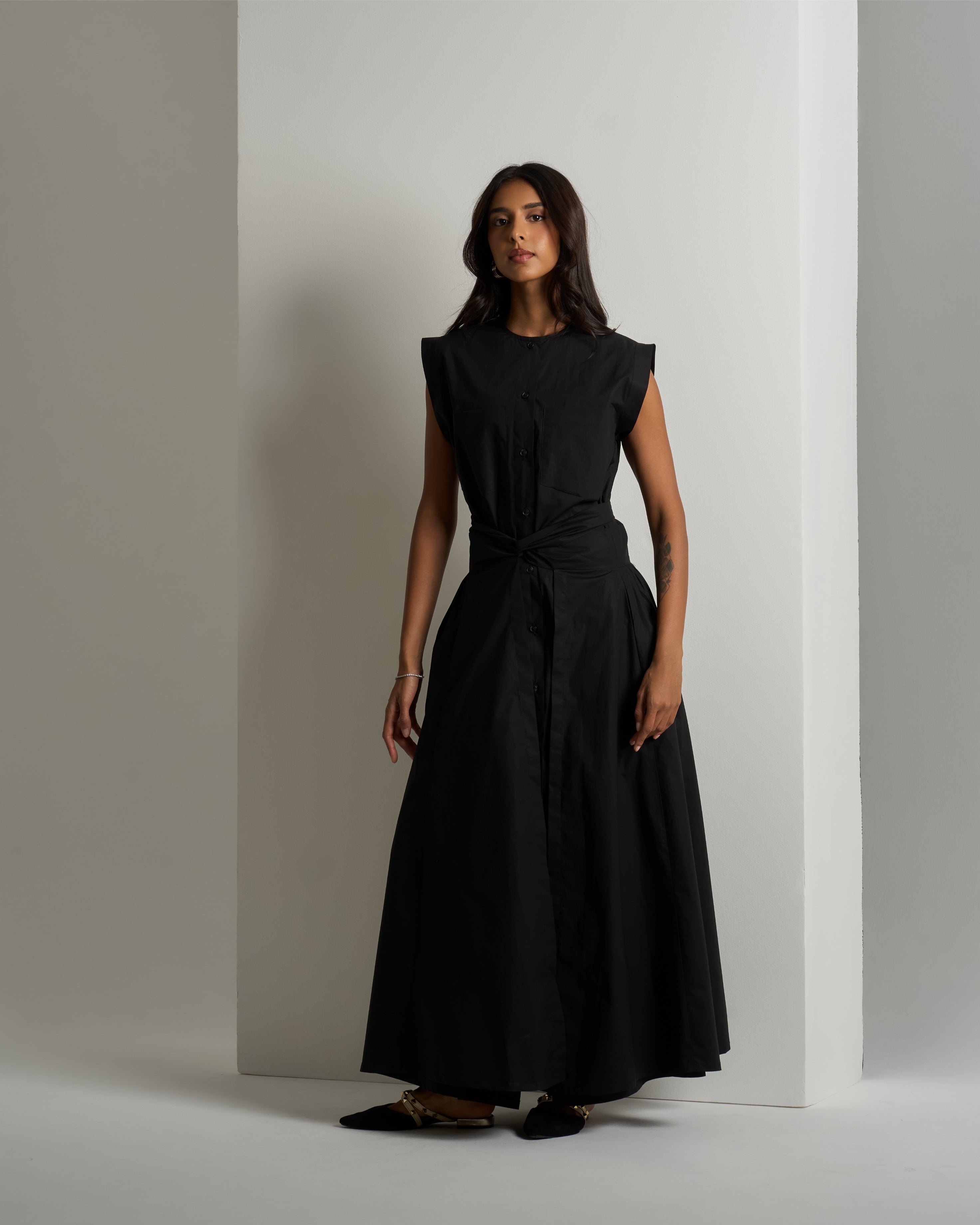 BELTED COTTON SLEEVELESS DRESS