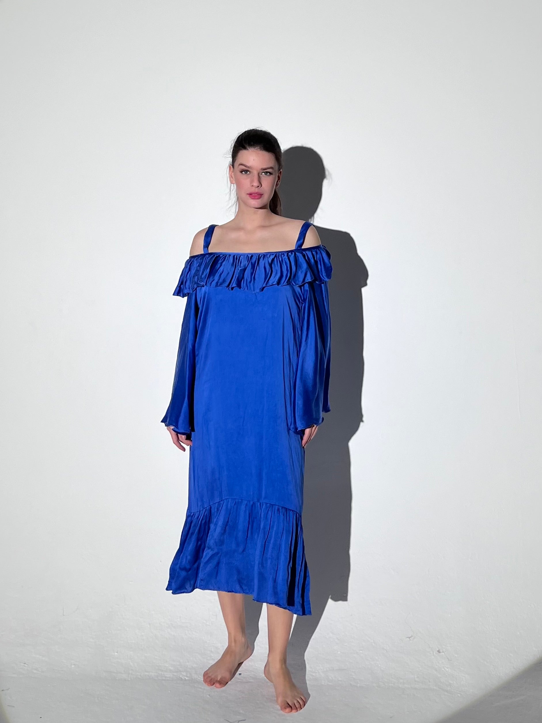 Silk Ruffled Sleeve Dress Plain Blue