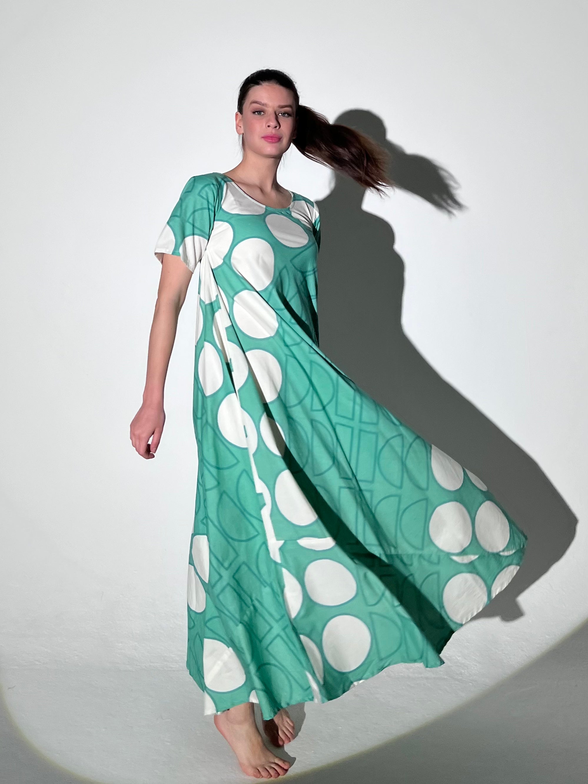 Tent Dress Short Sleeves Green Geo