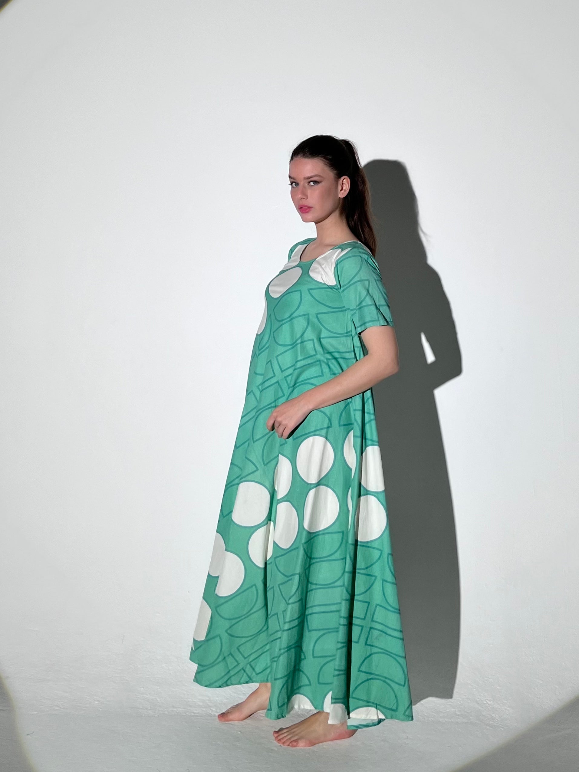 Tent Dress Short Sleeves Green Geo