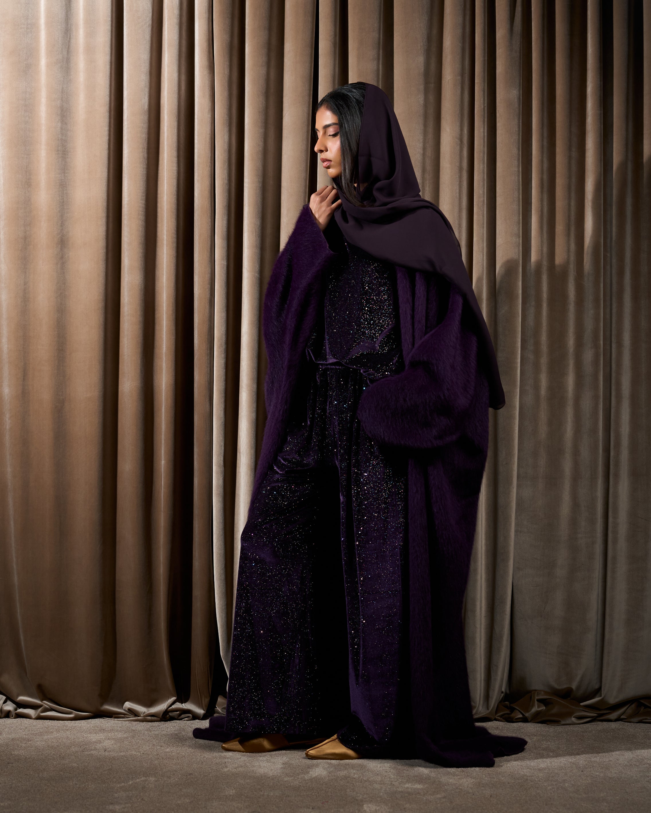 FUR BISHT WITH GLITTER TOPS AND PANTS