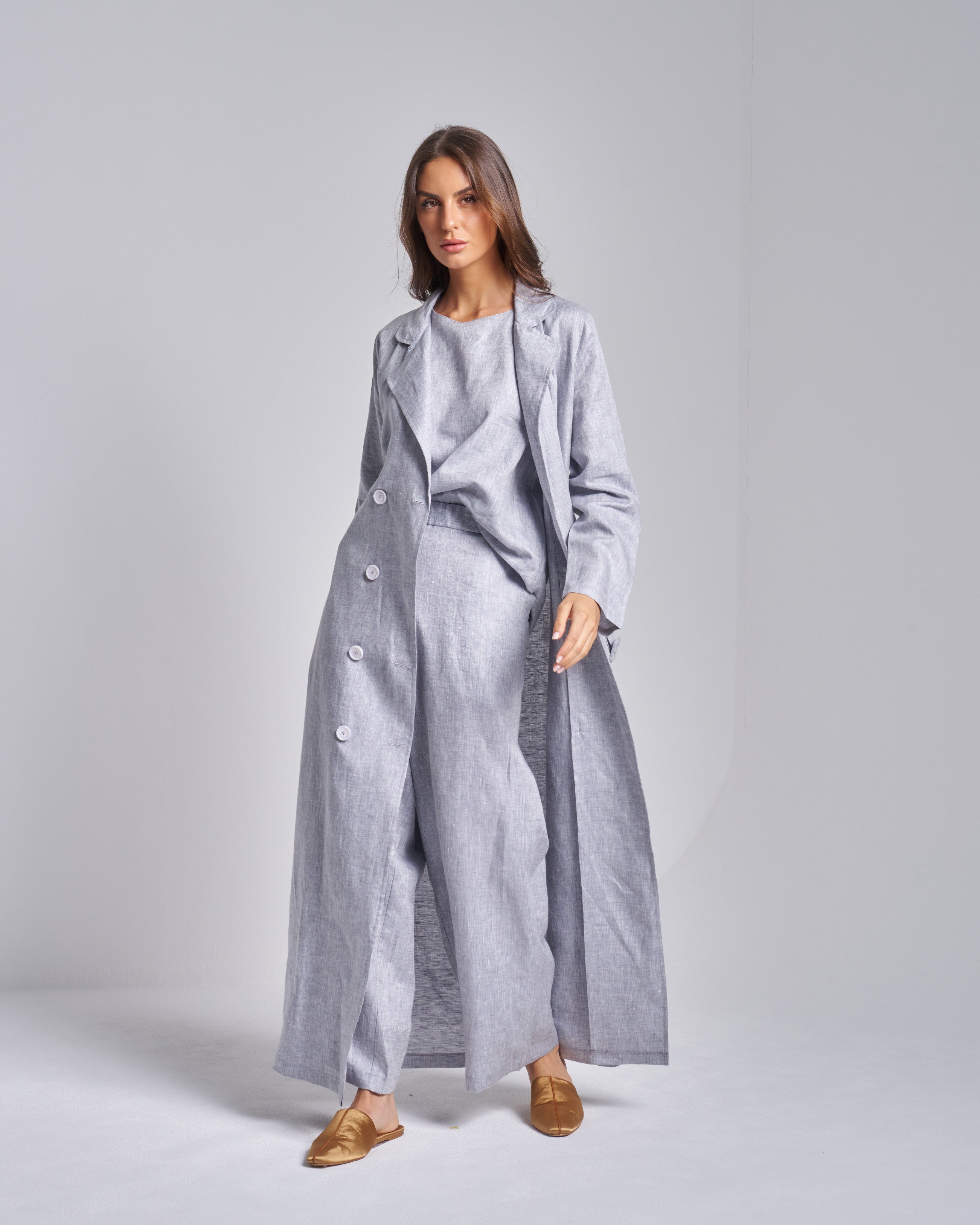 Linen Trench Coat Set with Sleeveless Top and Pants