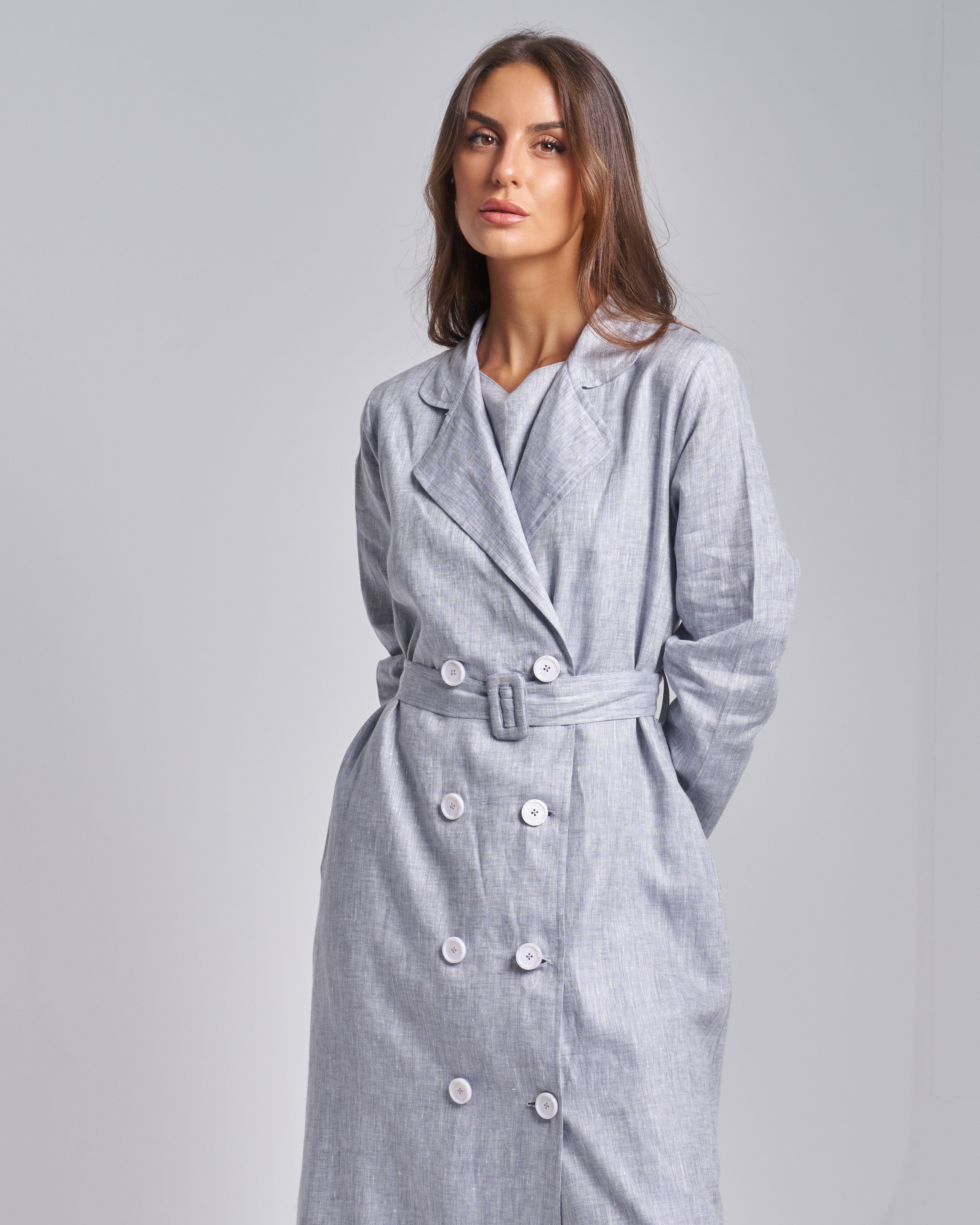 Linen Trench Coat Set with Sleeveless Top and Pants