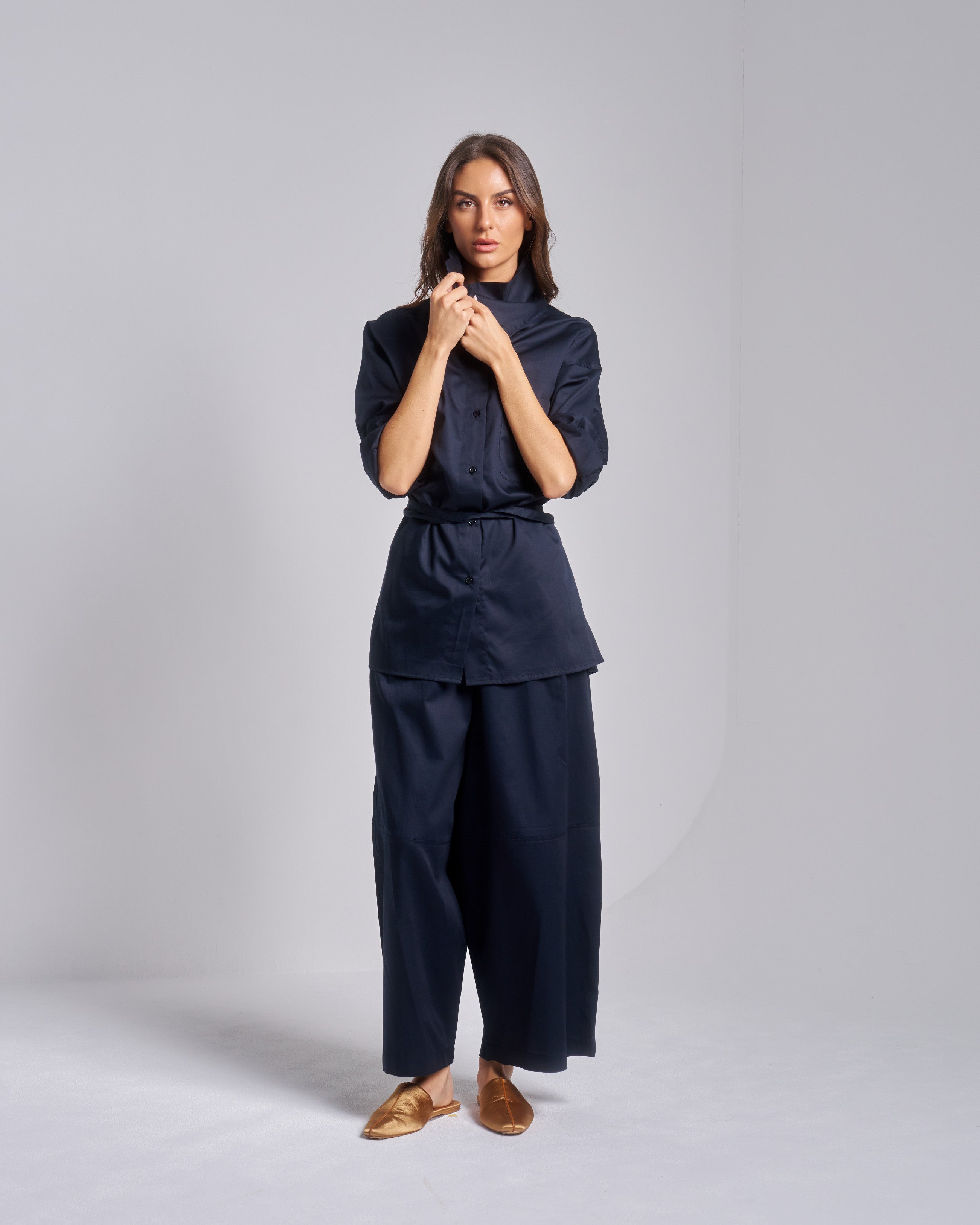 Funnel Neck Shirt with Buckle String Pants Set
