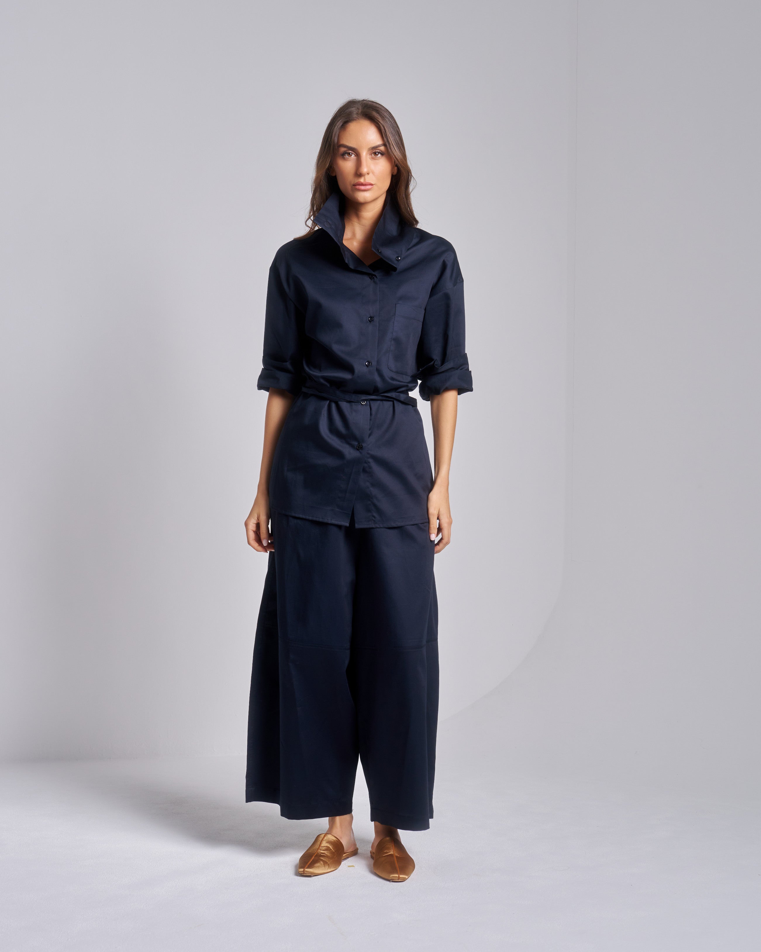 Funnel Neck Shirt with Buckle String Pants Set