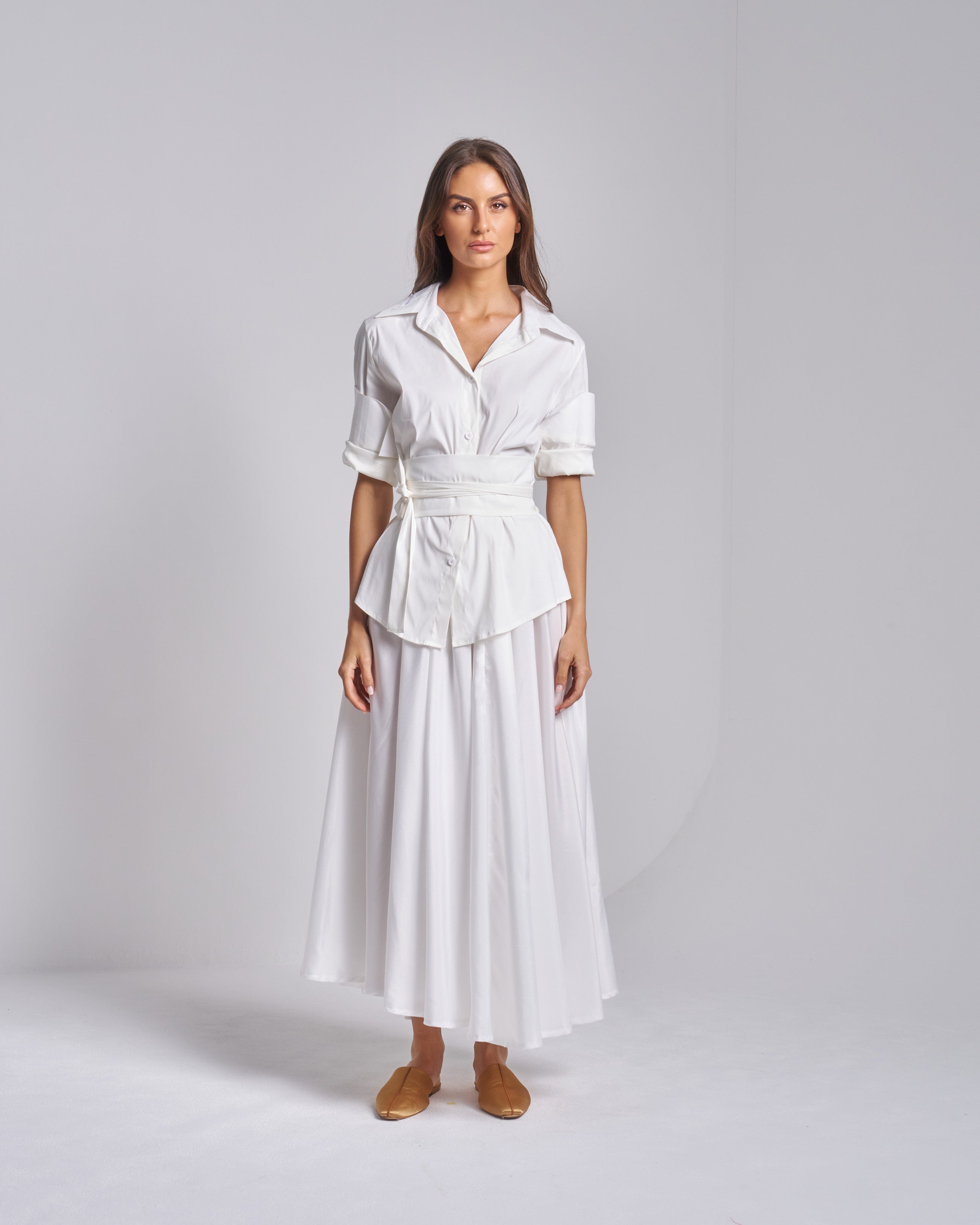 Cotton Set Appliqué Collar Shirt Kimono Belt Skirt Set