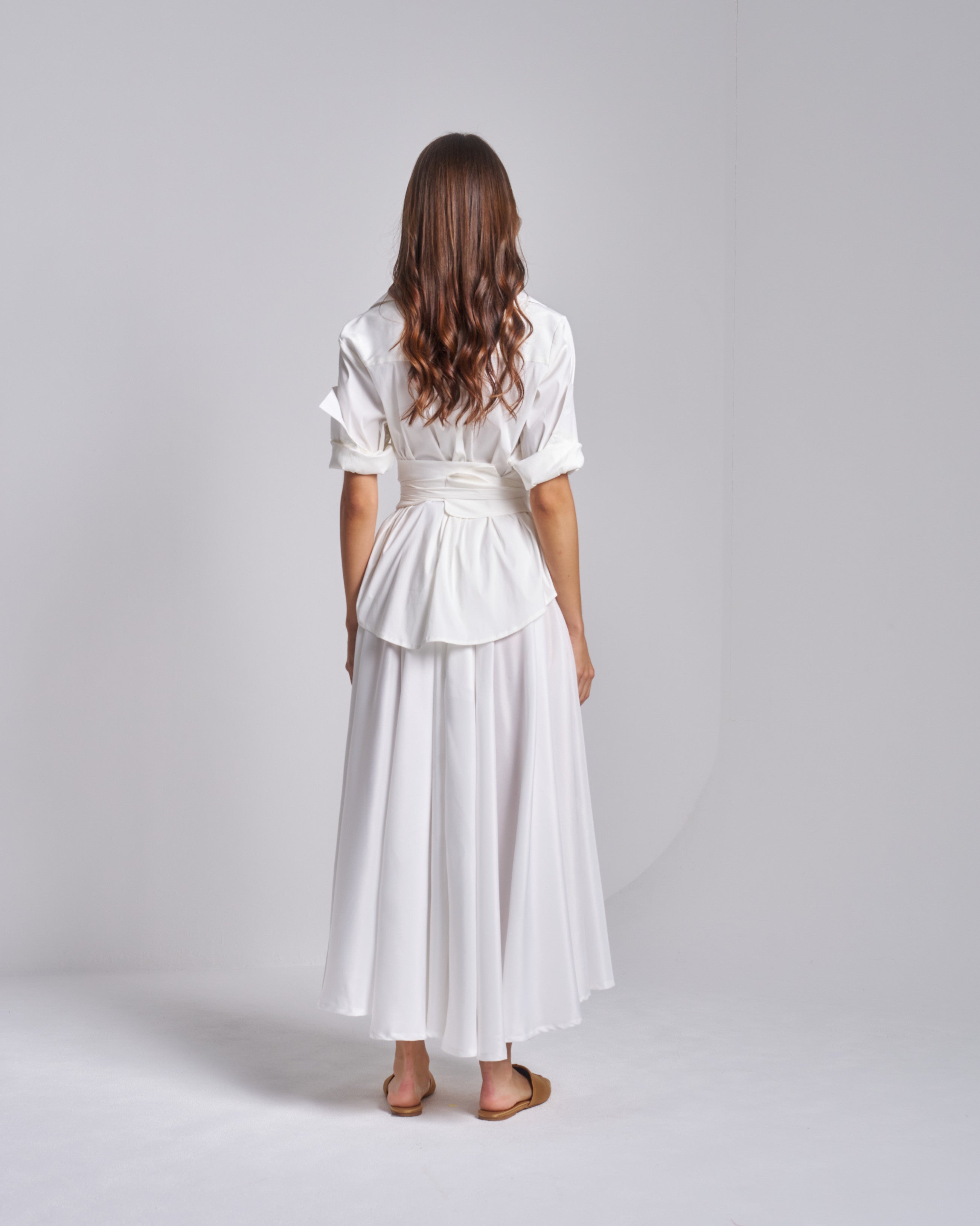 Cotton Set Appliqué Collar Shirt Kimono Belt Skirt Set