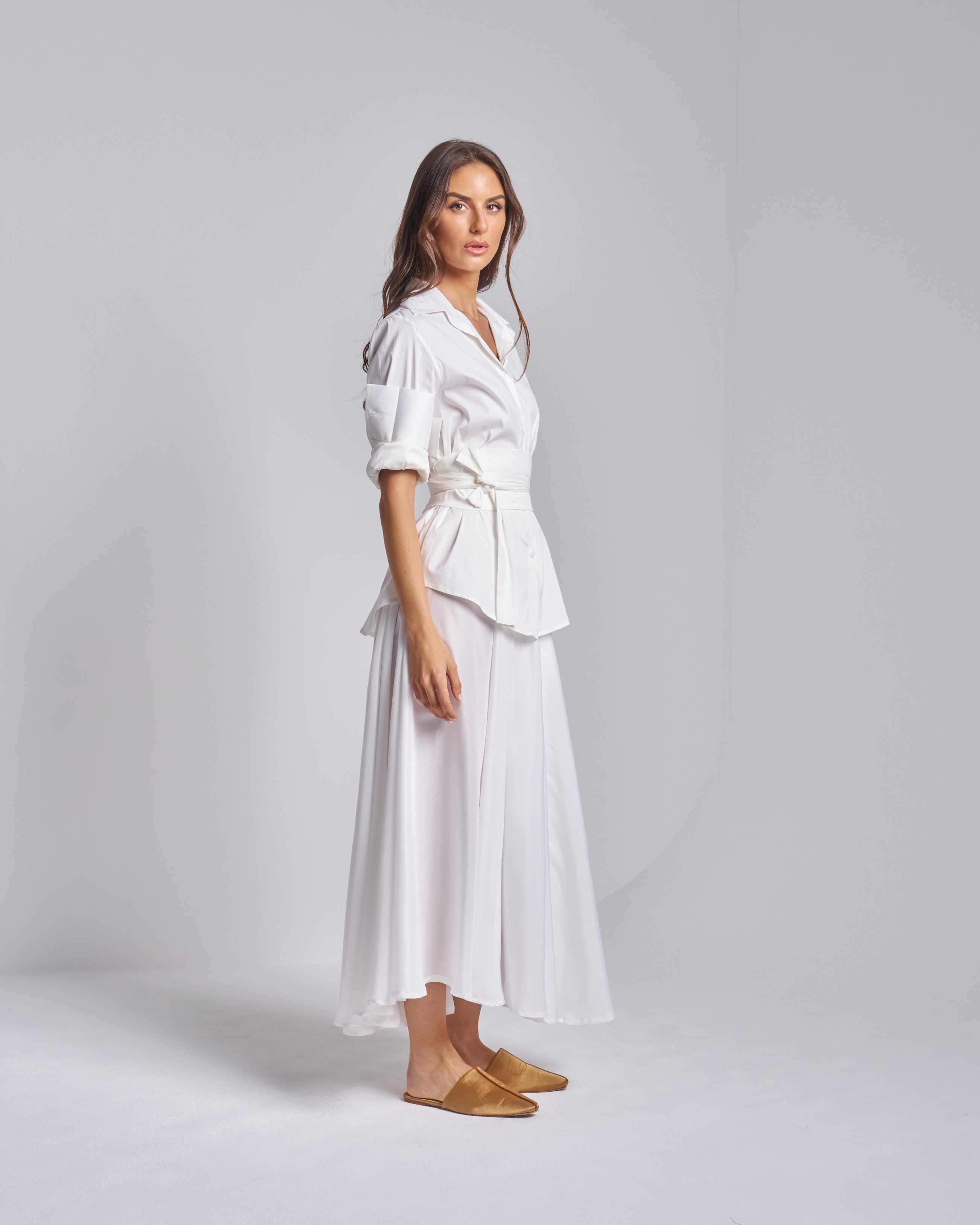 Cotton Set Appliqué Collar Shirt Kimono Belt Skirt Set