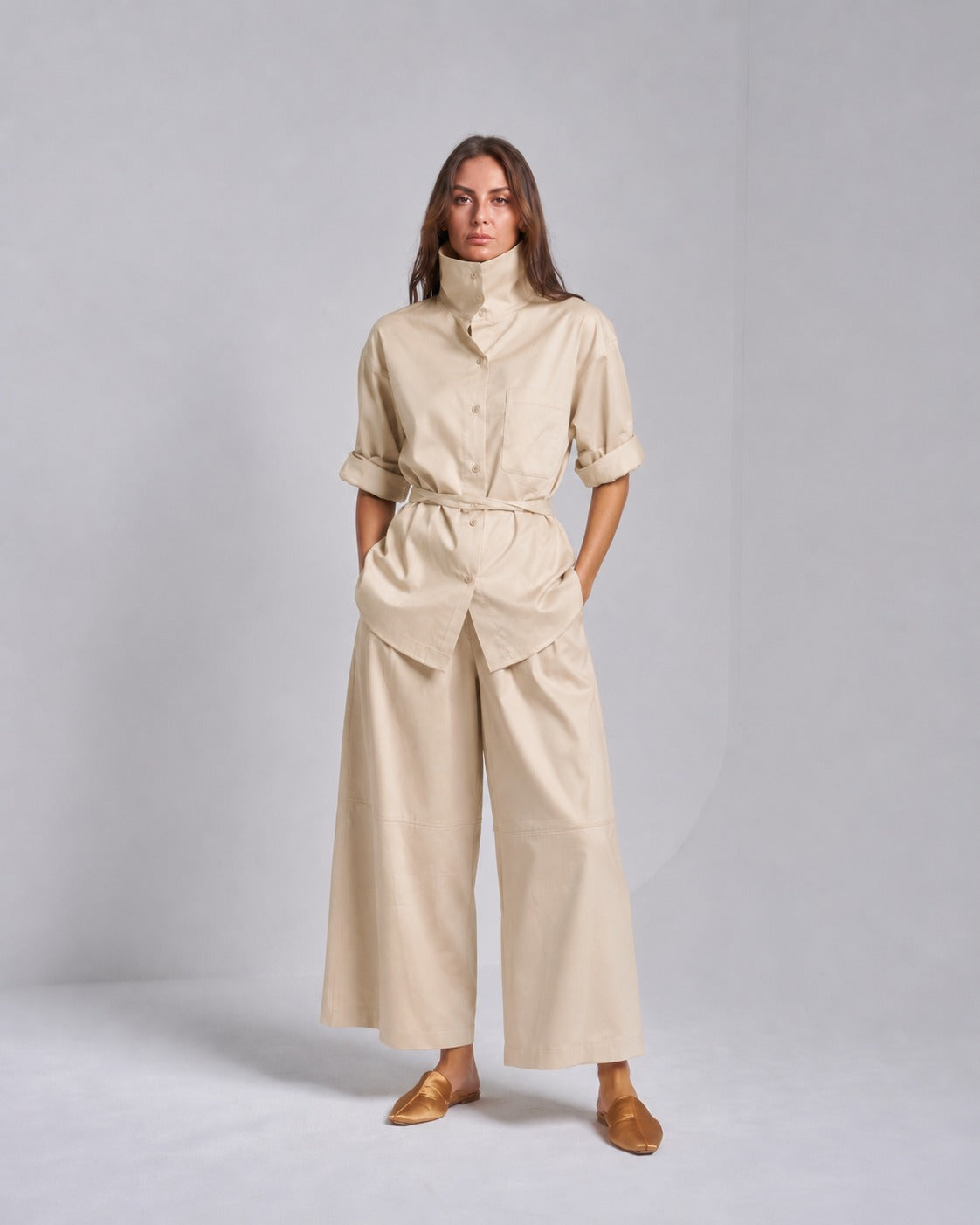 Funnel Neck Shirt with Buckle String Pants Set