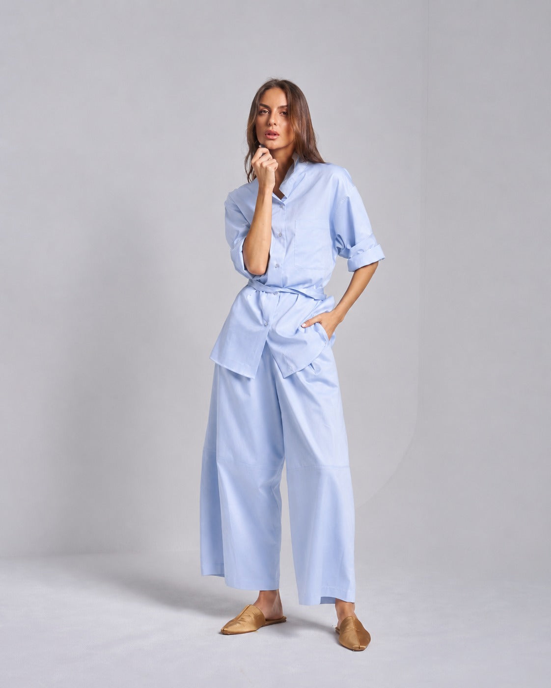 Funnel Neck Shirt with Buckle String Pants Set