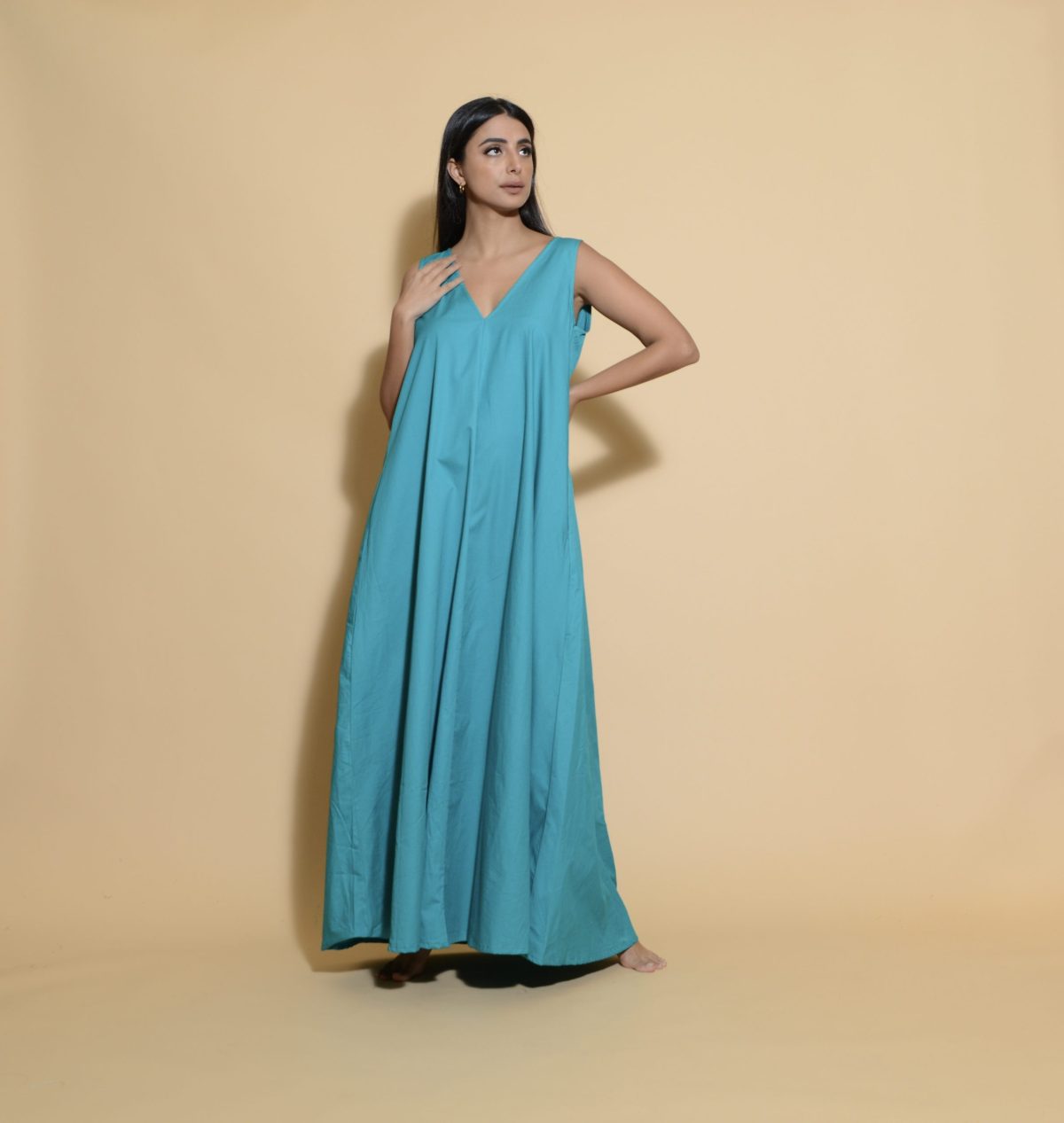 Deep Vneck Sleeveless Dress Plain Blue Green