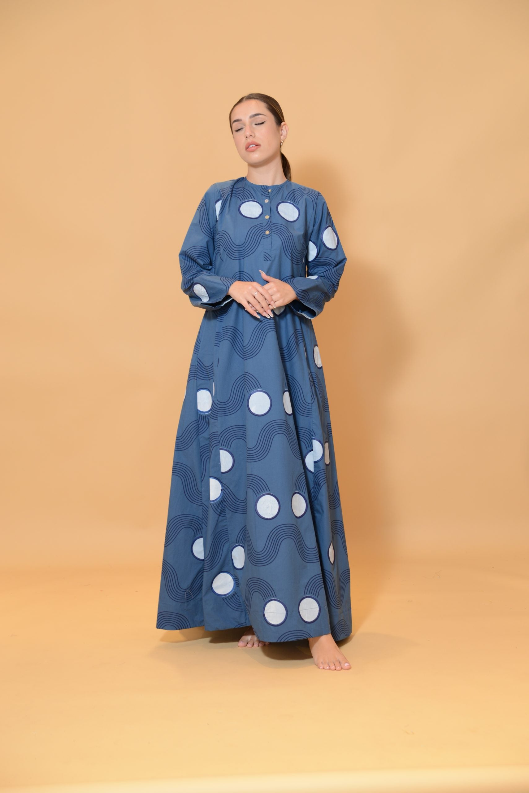 A Line Dress with Buttons Blue Waves