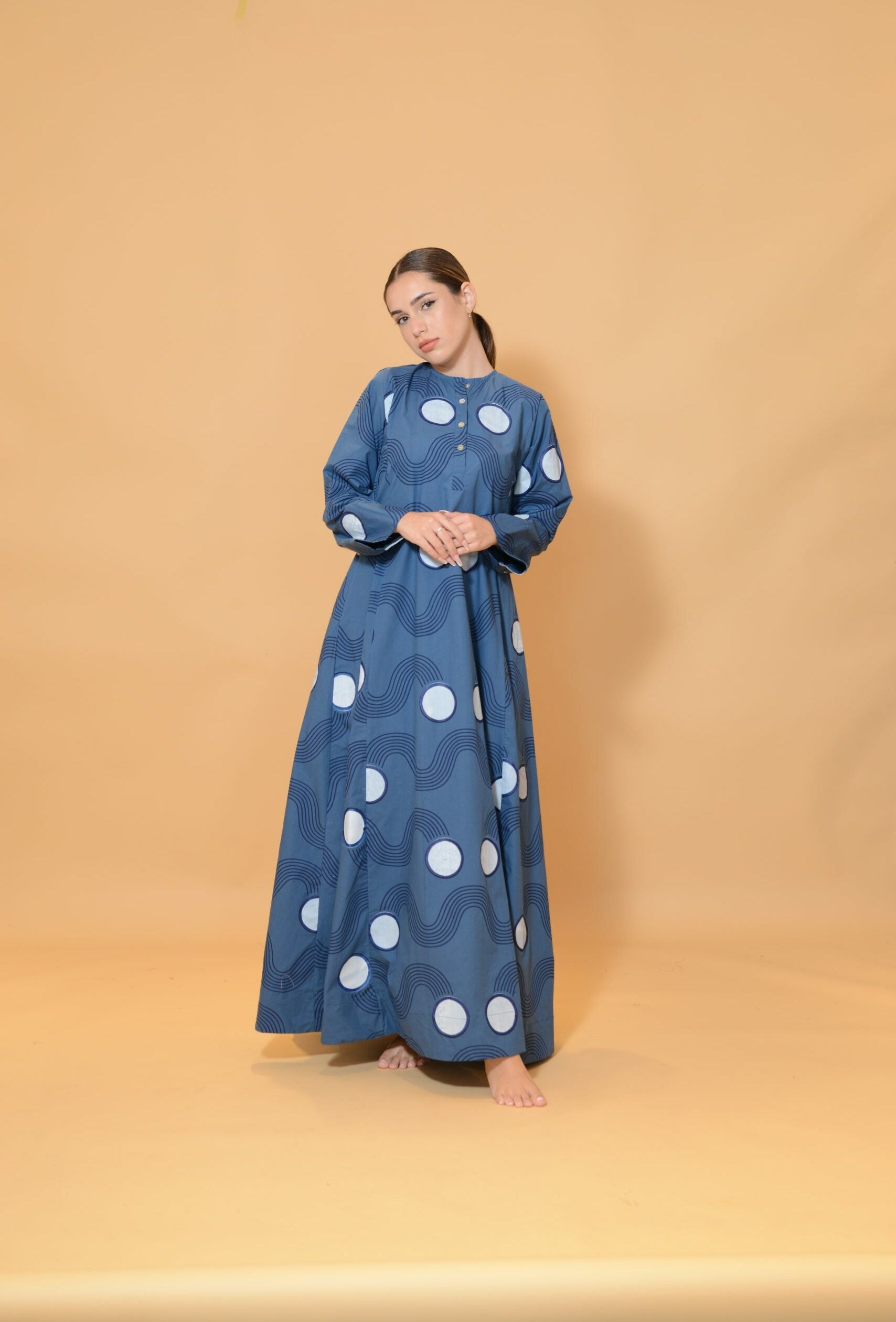 A Line Dress with Buttons Blue Waves