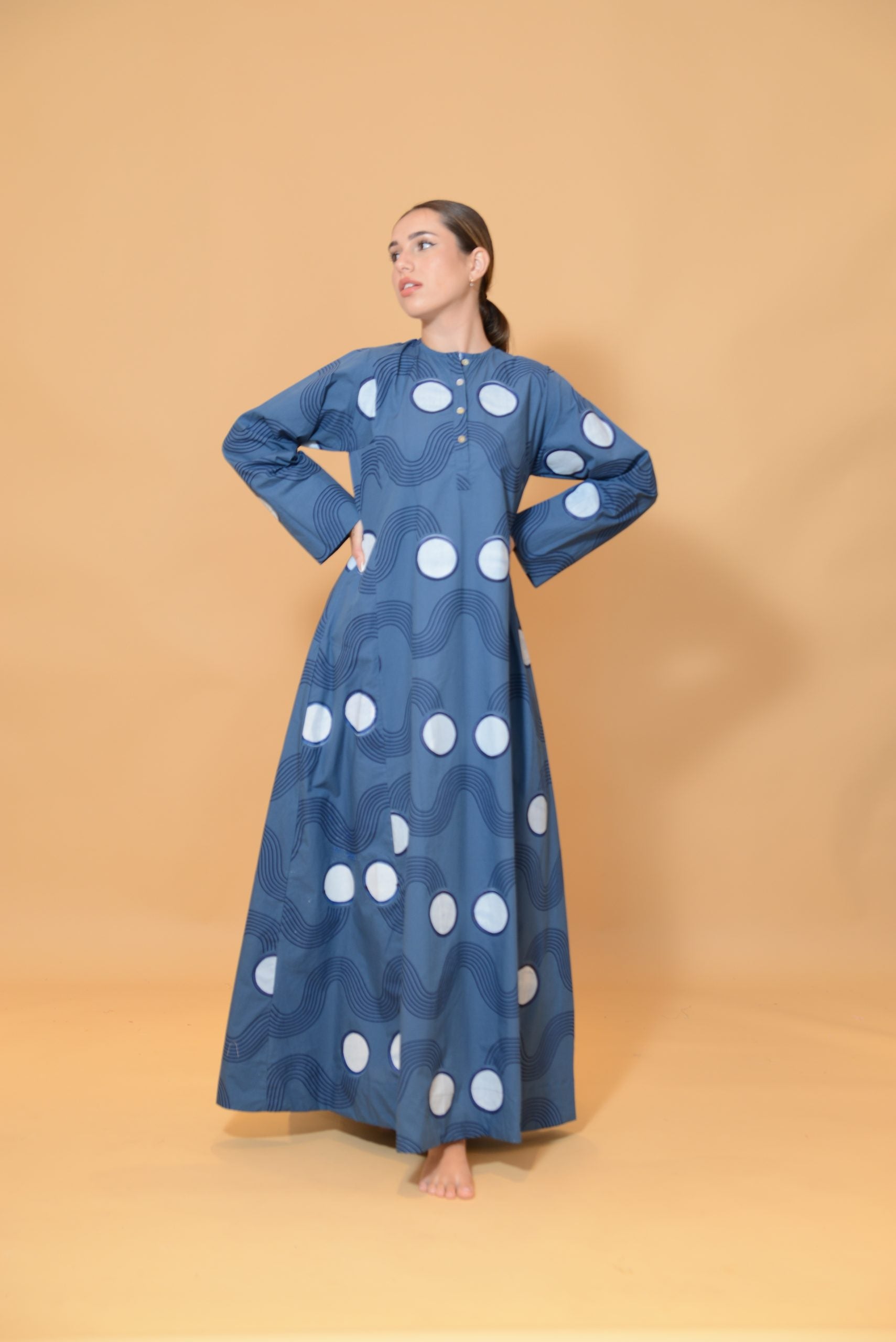 A Line Dress with Buttons Blue Waves