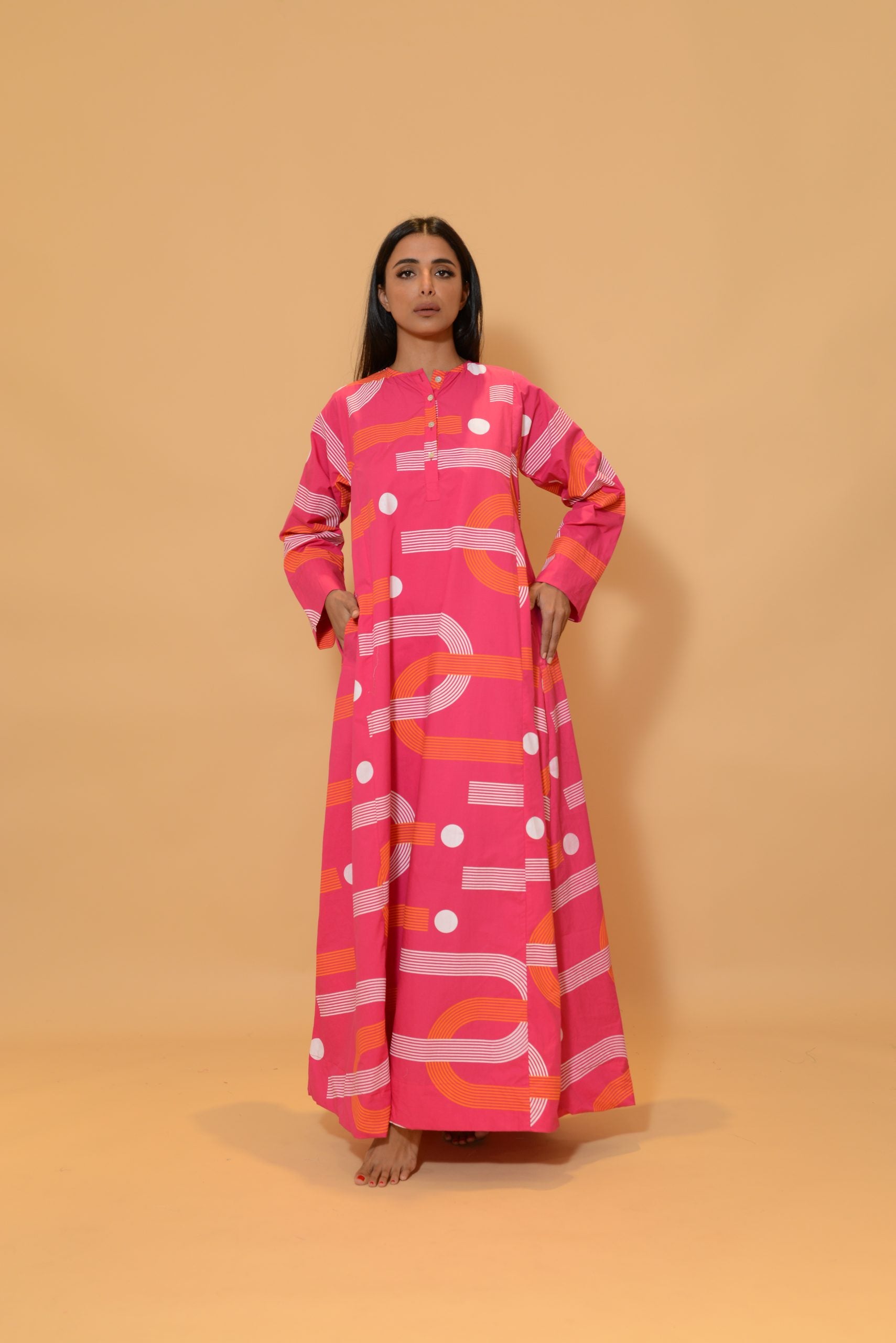 A Line Dress with Buttons Fuchsia U Shape