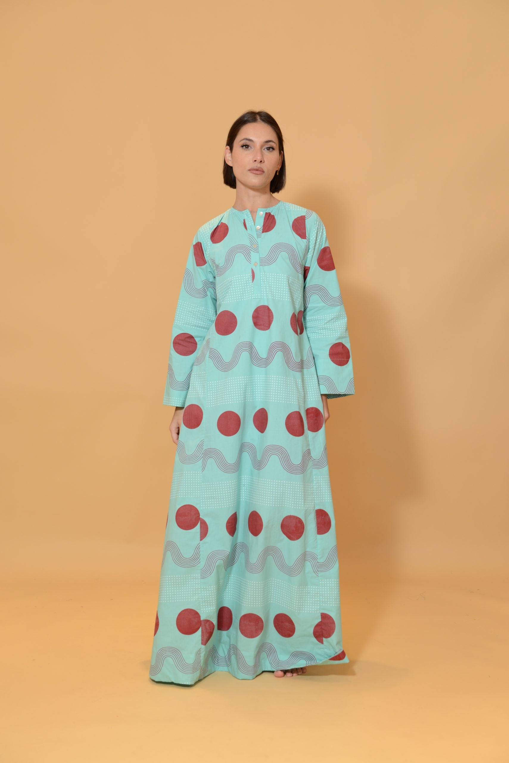 A Line Dress with Buttons Green Dots & Waves