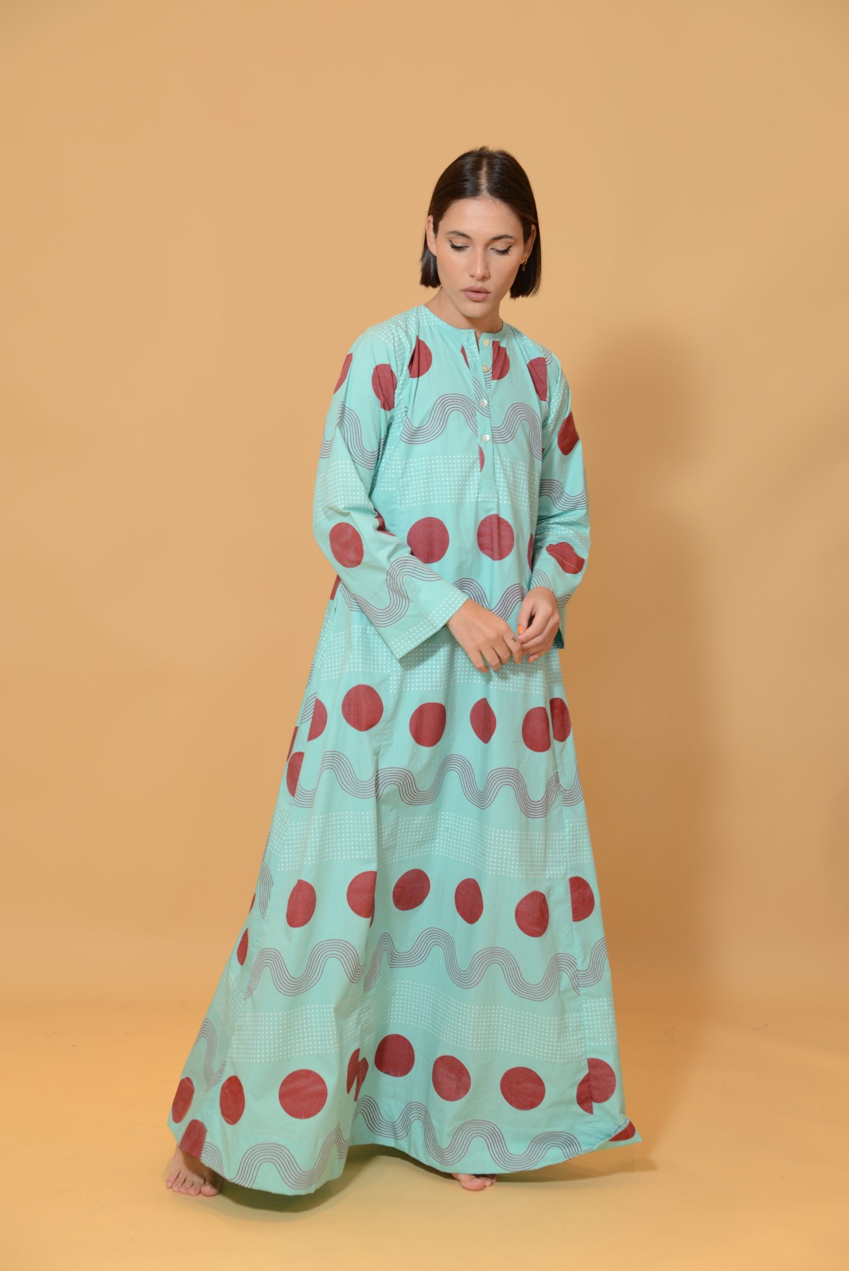 A Line Dress with Buttons Green Dots & Waves