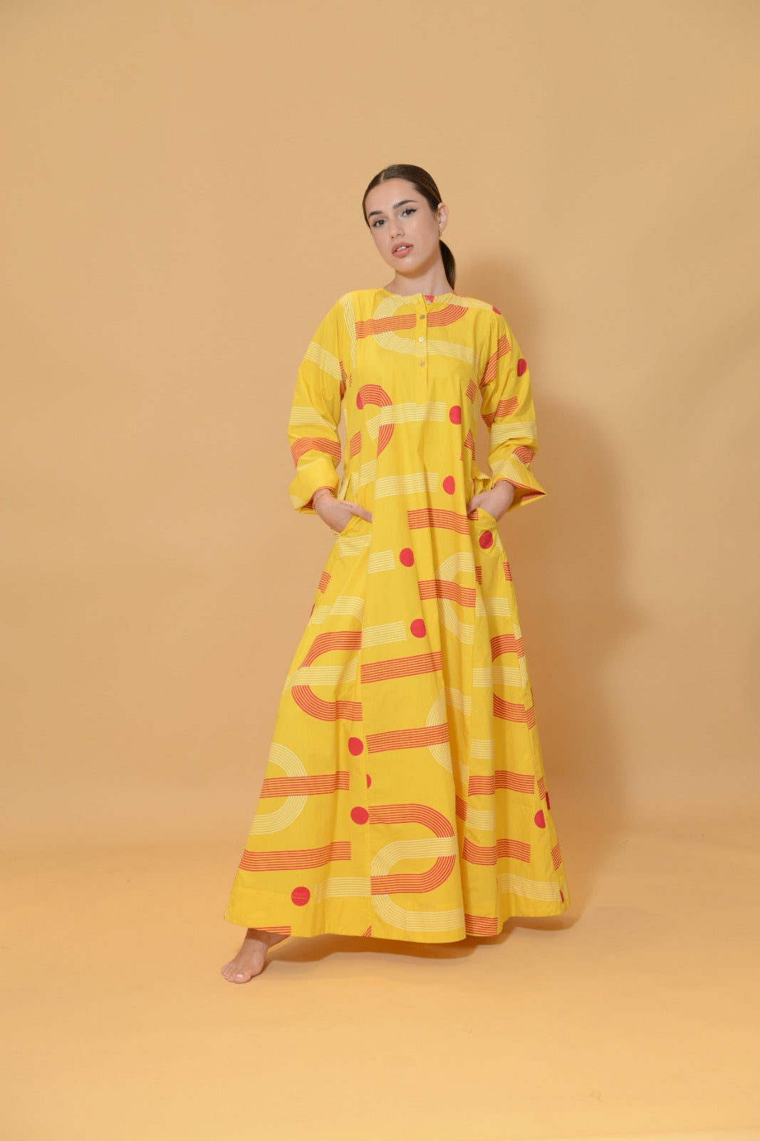 A Line Dress with Buttons Yellow U Shape